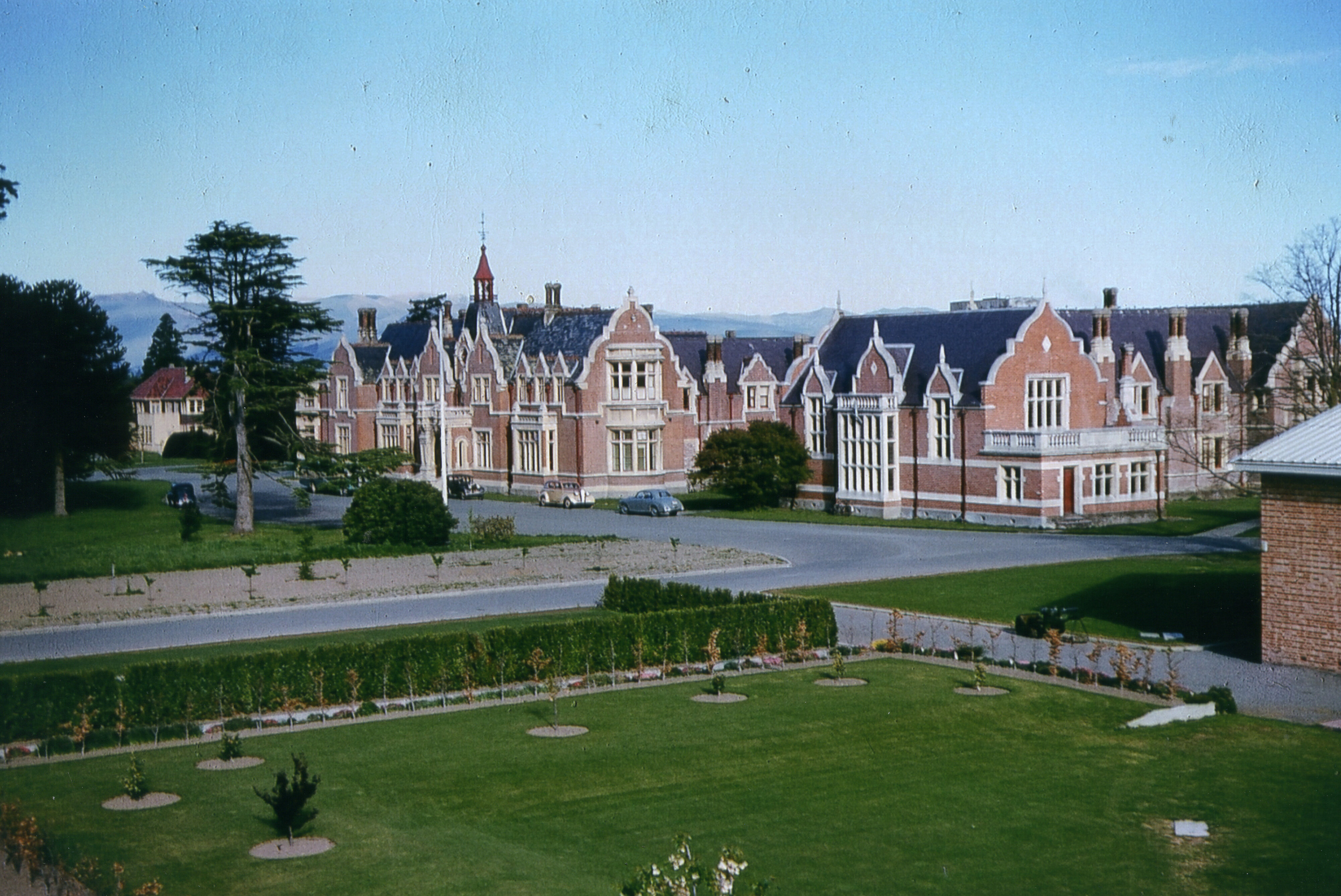 Circa 1957-58 The northwest view of Ivey Hall and Memorial Hall from the Sunken Garden