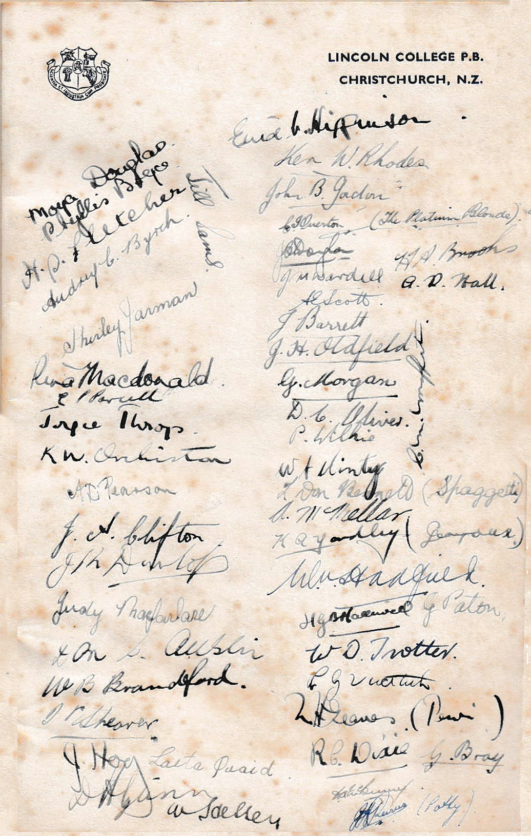 Signed attendance sheet for the cricket match between Land Girls and the men of the RNZAF
