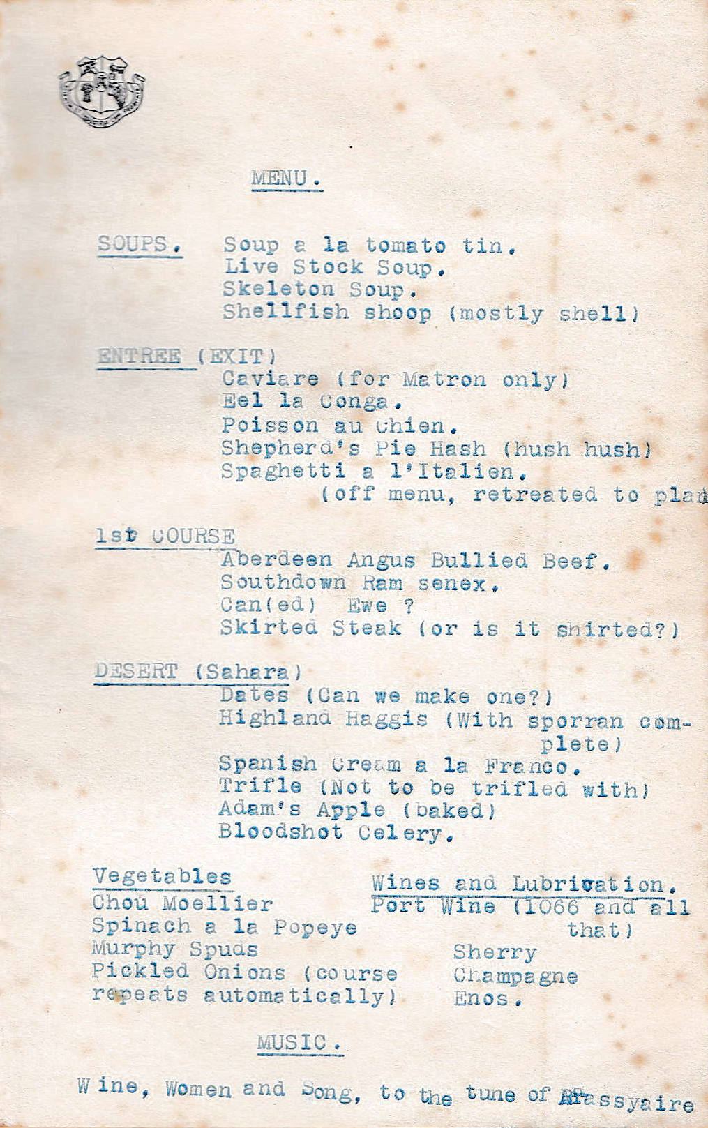 Comedy Menu for the function after the Land Girls cricket match 
