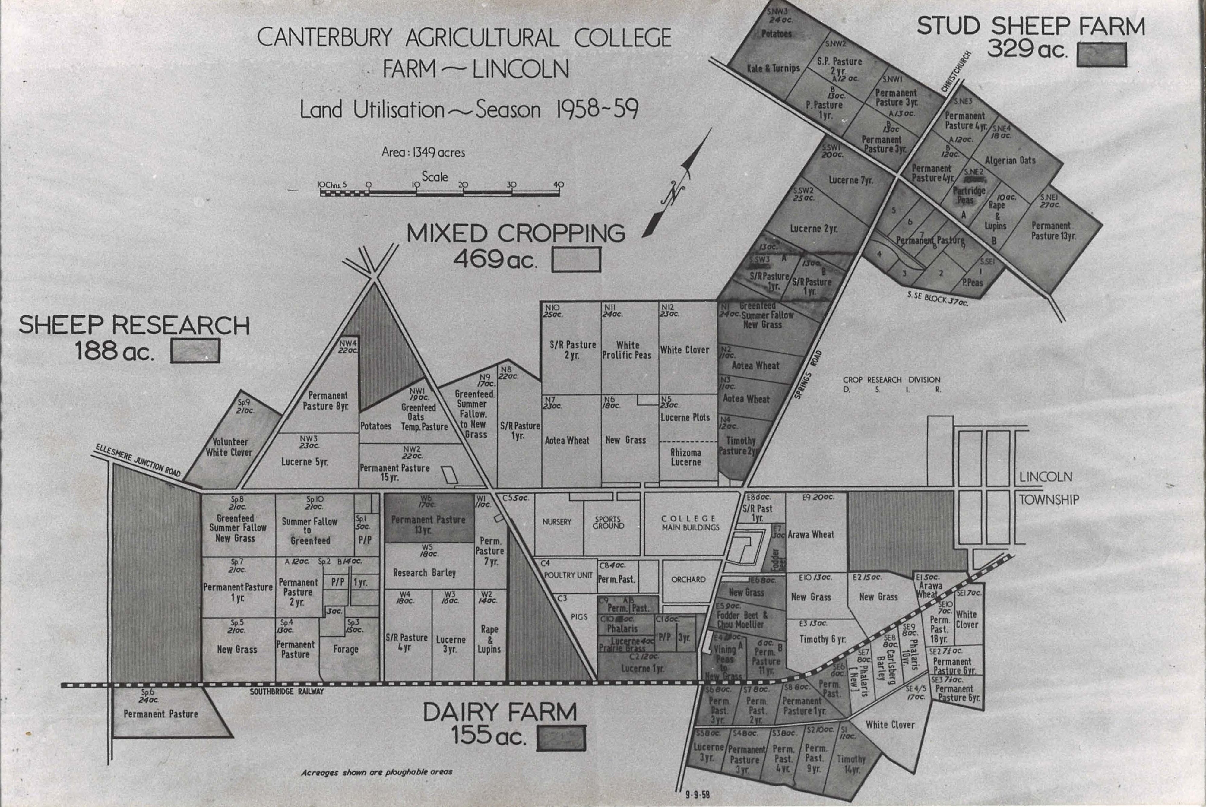 Canterbury Agricultural College Farm, Lincoln. Land Utilisation map - Season 1958-59