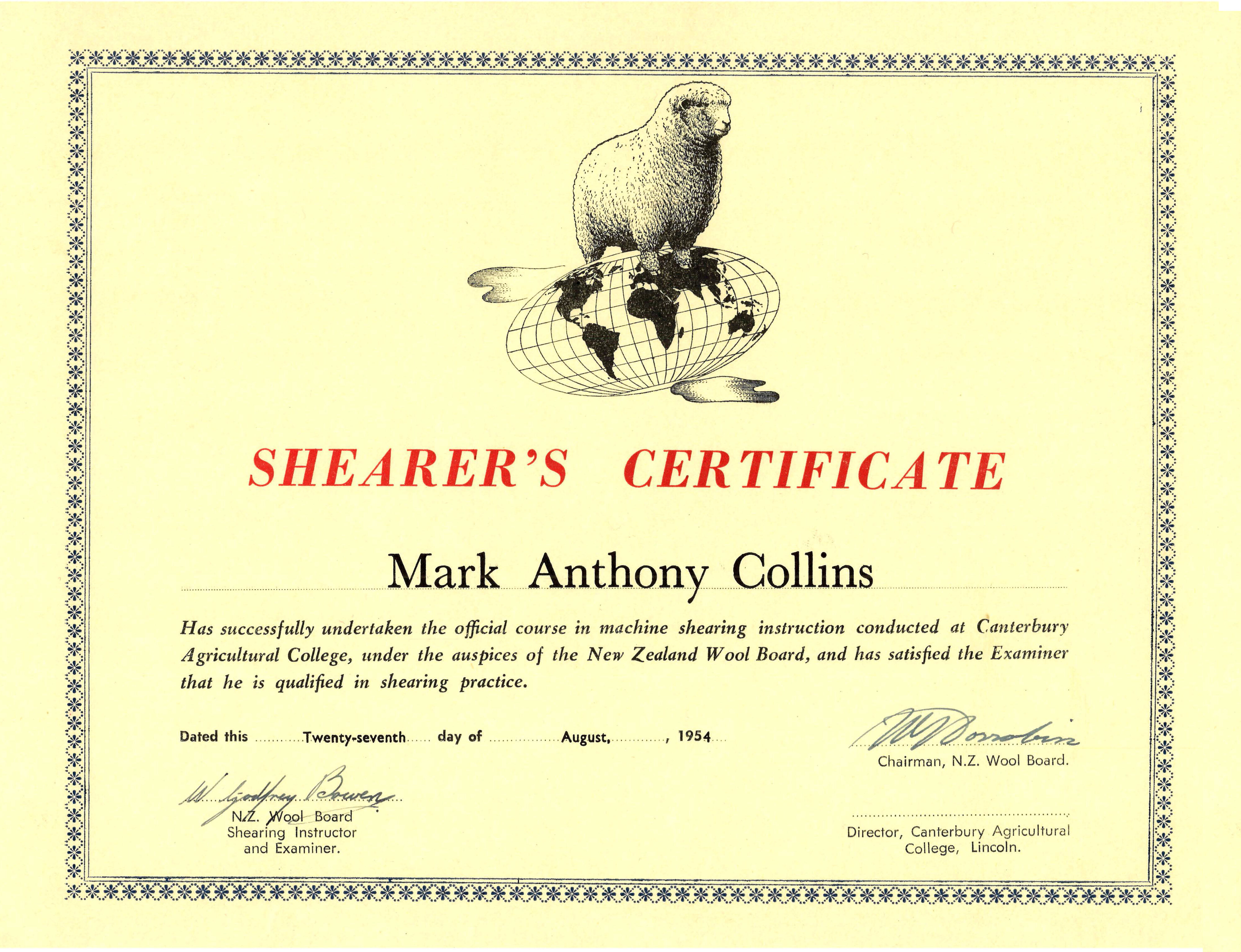 1954 Shearer's Certificate Mark Anthony Collins