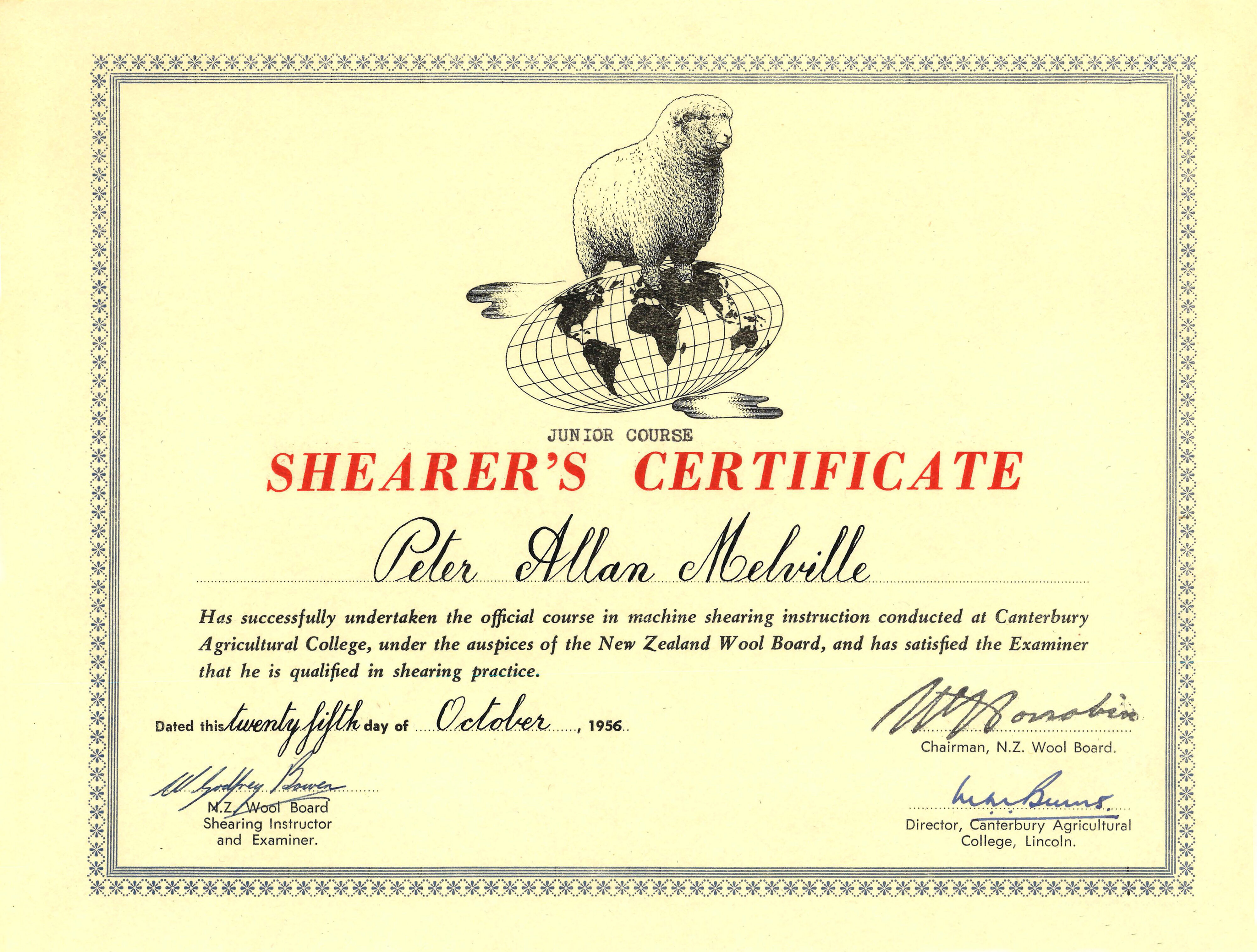 1956 Shearer's Certificate Peter Allan Melville
