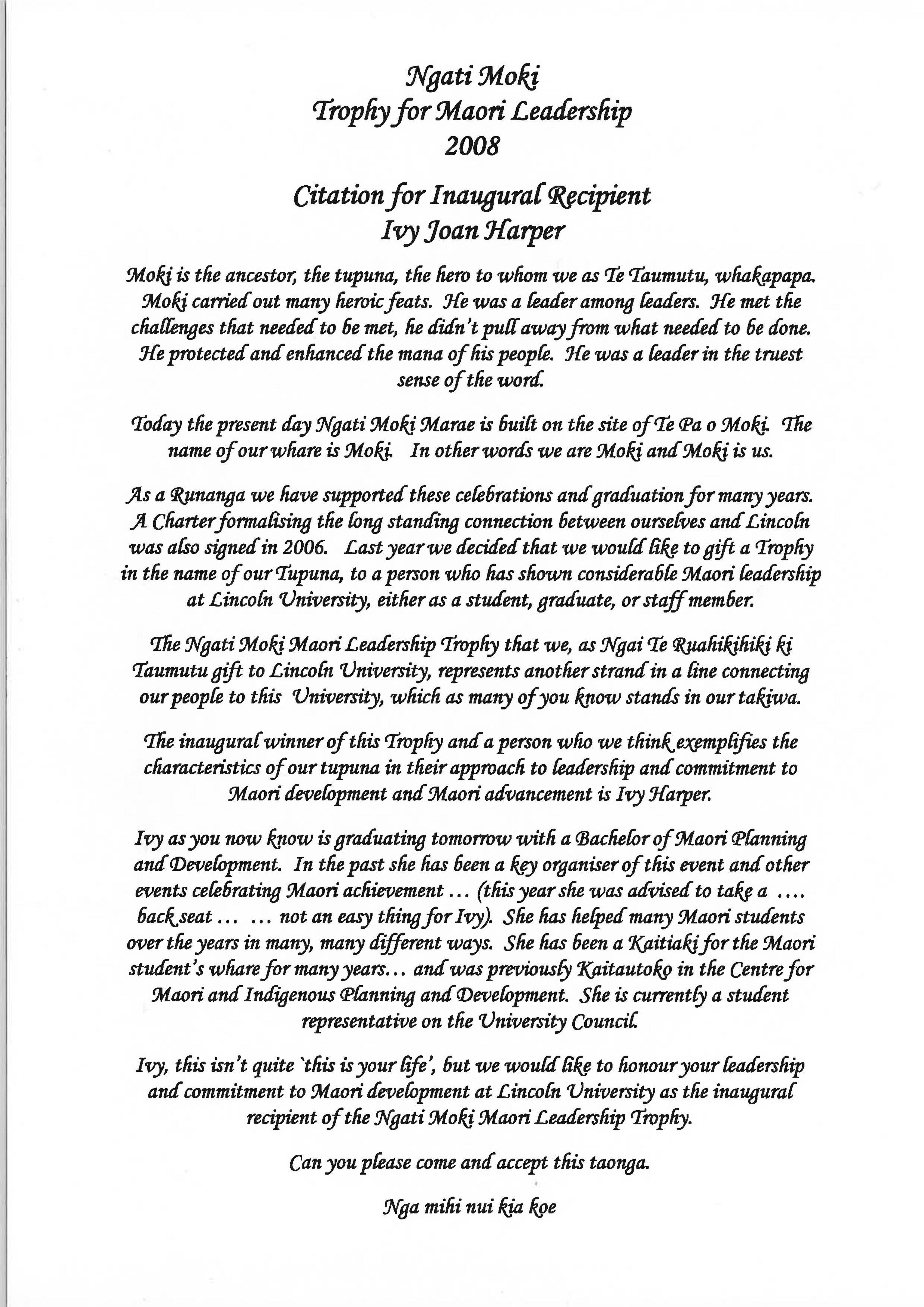 2008
Ngāti Moki Trophy
Citation for
Ivy Harper