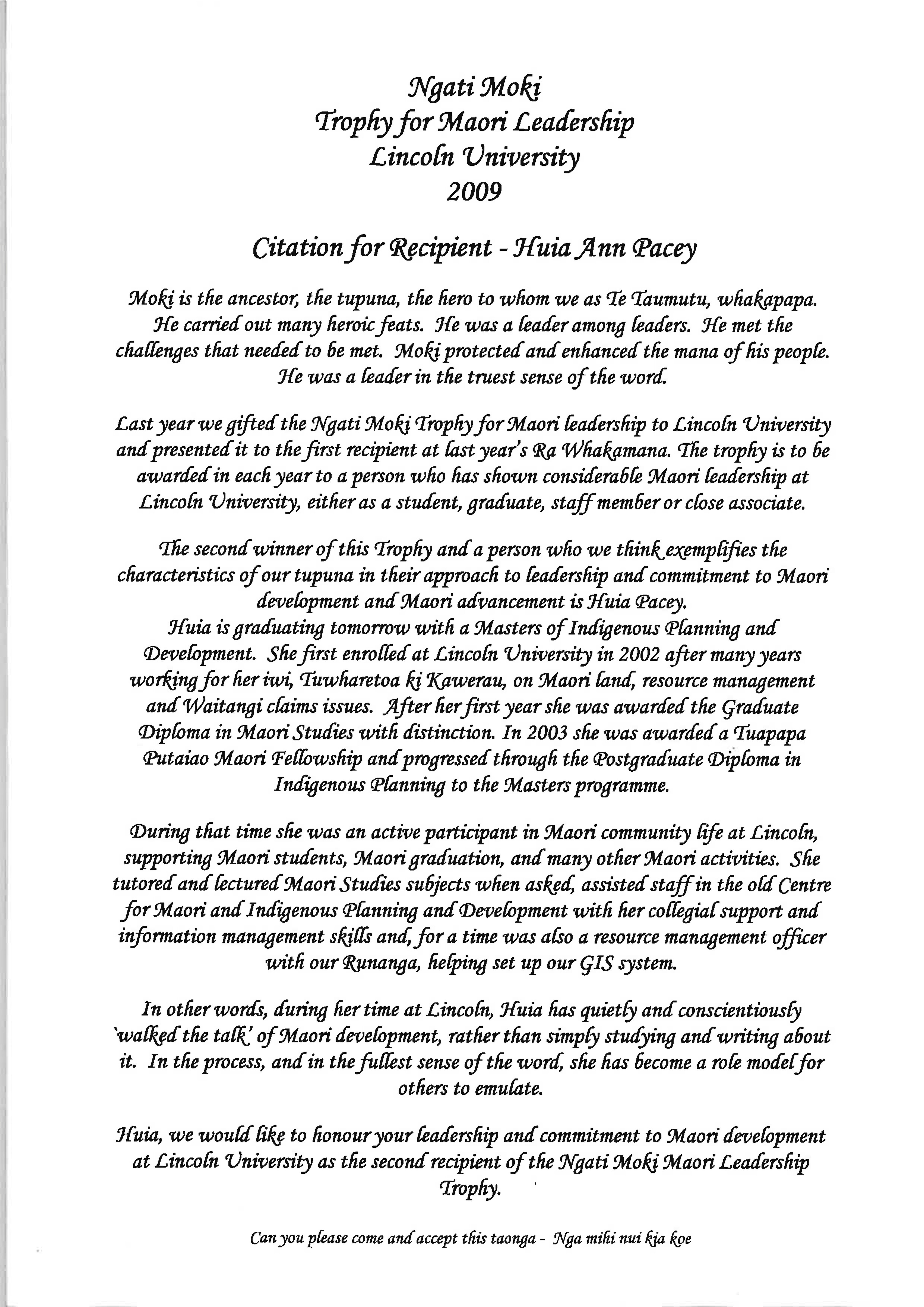 2009
Ngāti Moki Trophy
Citation for
Huia Pacey