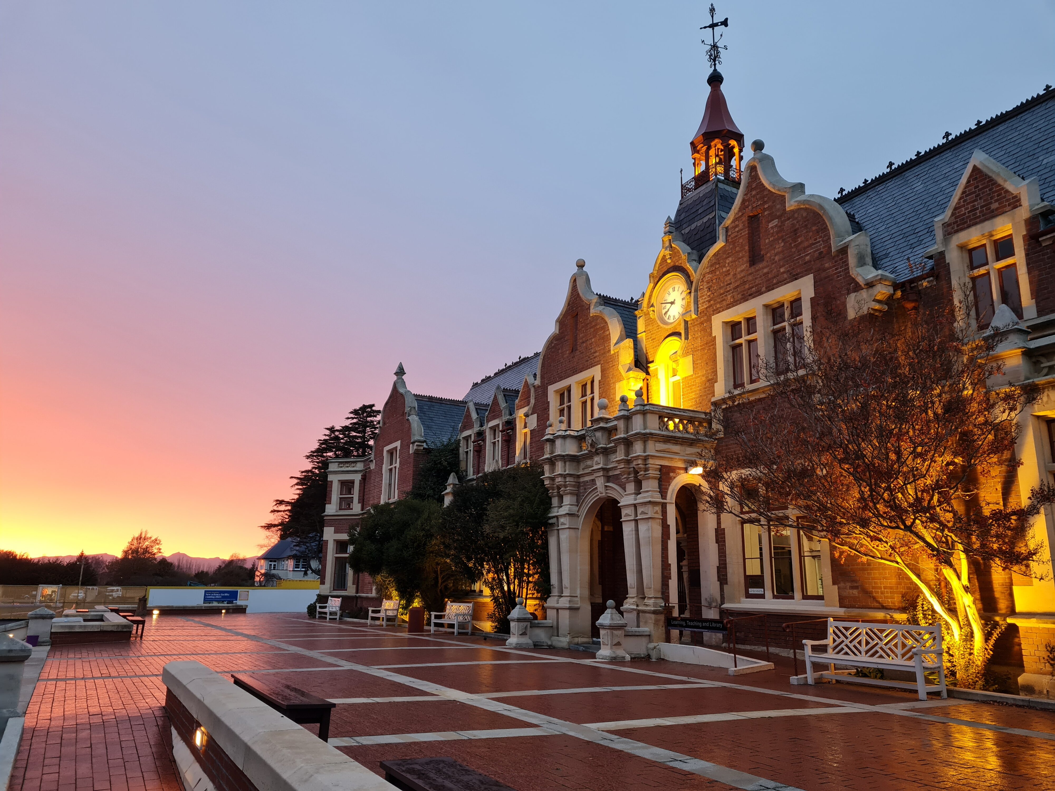 Ivey Hall illuminated during sunrise