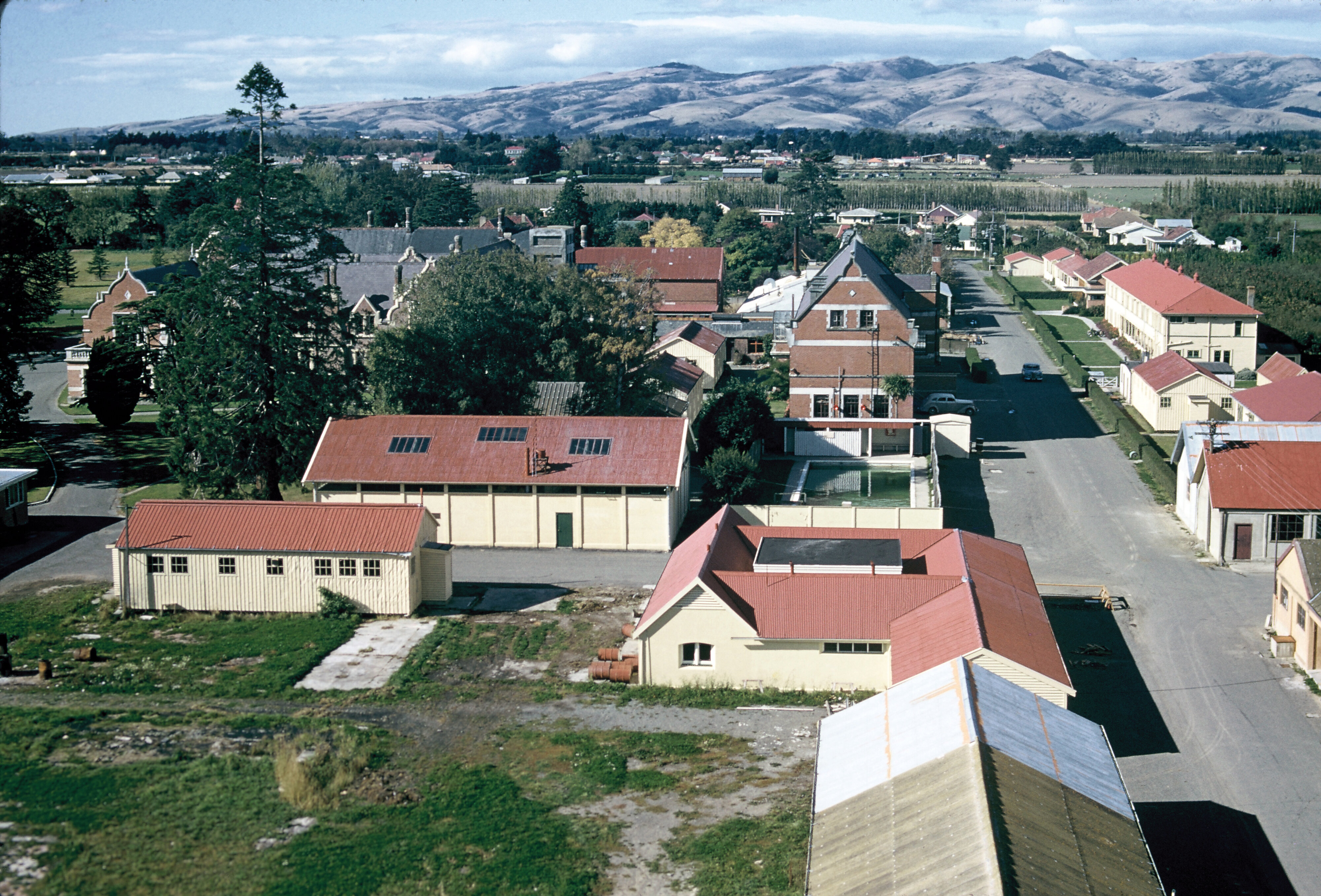 Circa 1957-58 A view of Farm Road from Canterbury Agricultural College's Water Tower