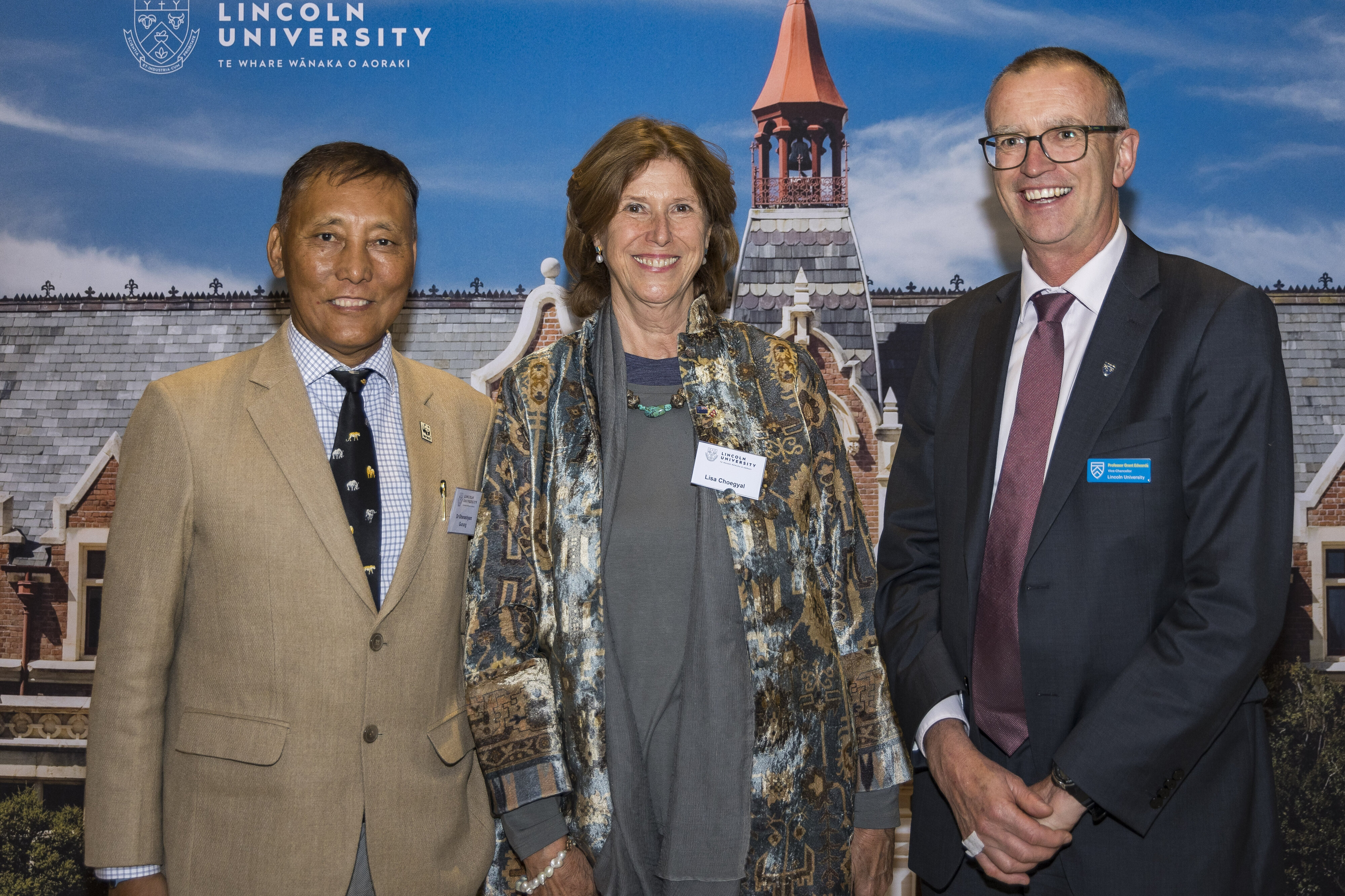 Ghanashyam Gurung, Lisa Choegyal and Grant Edwards at the Chancellor's Cocktail Function, 2024