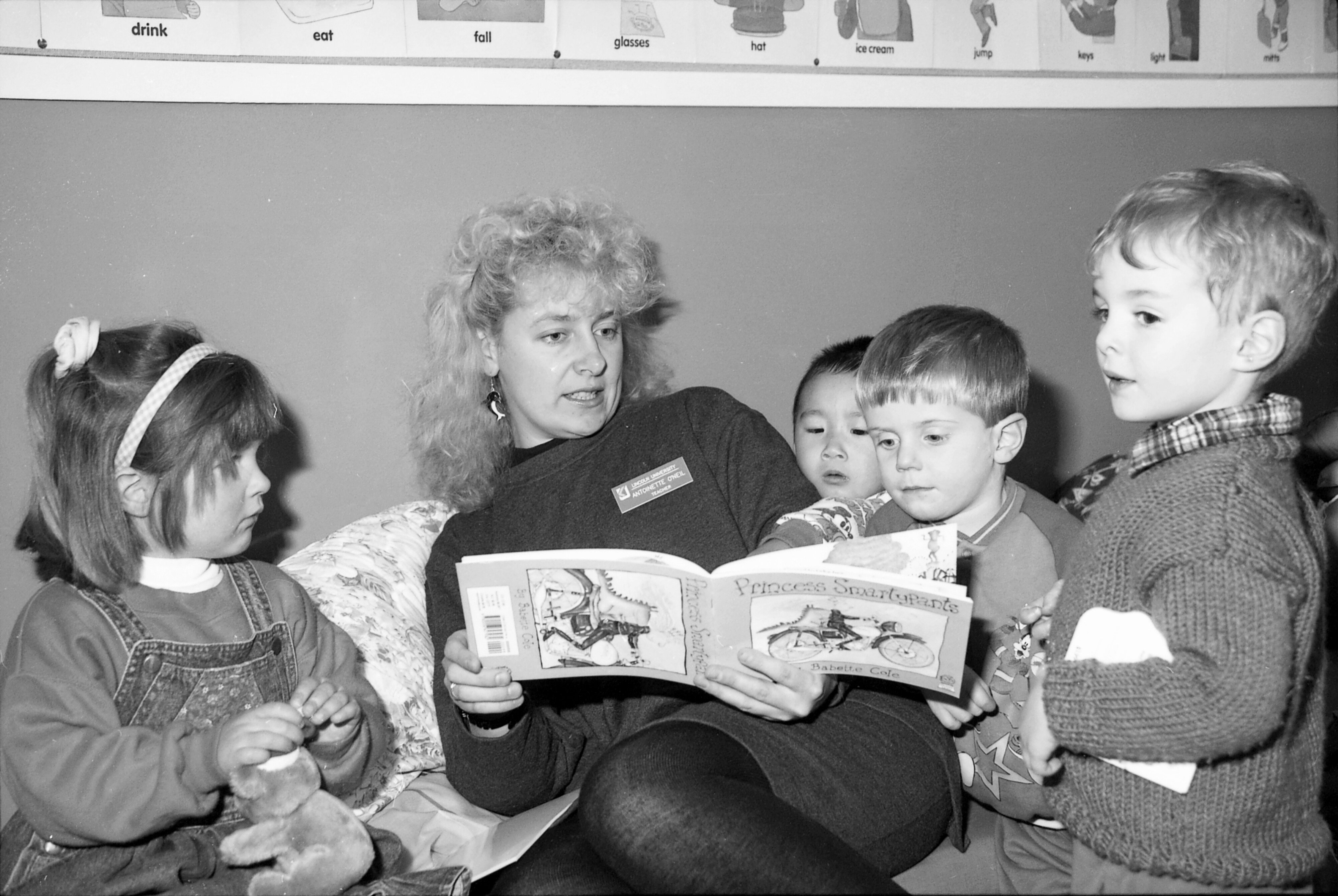 Enjoying story time with teacher Antoinette O'Neil at Lincoln university's Early Childhood Centre, July 1994