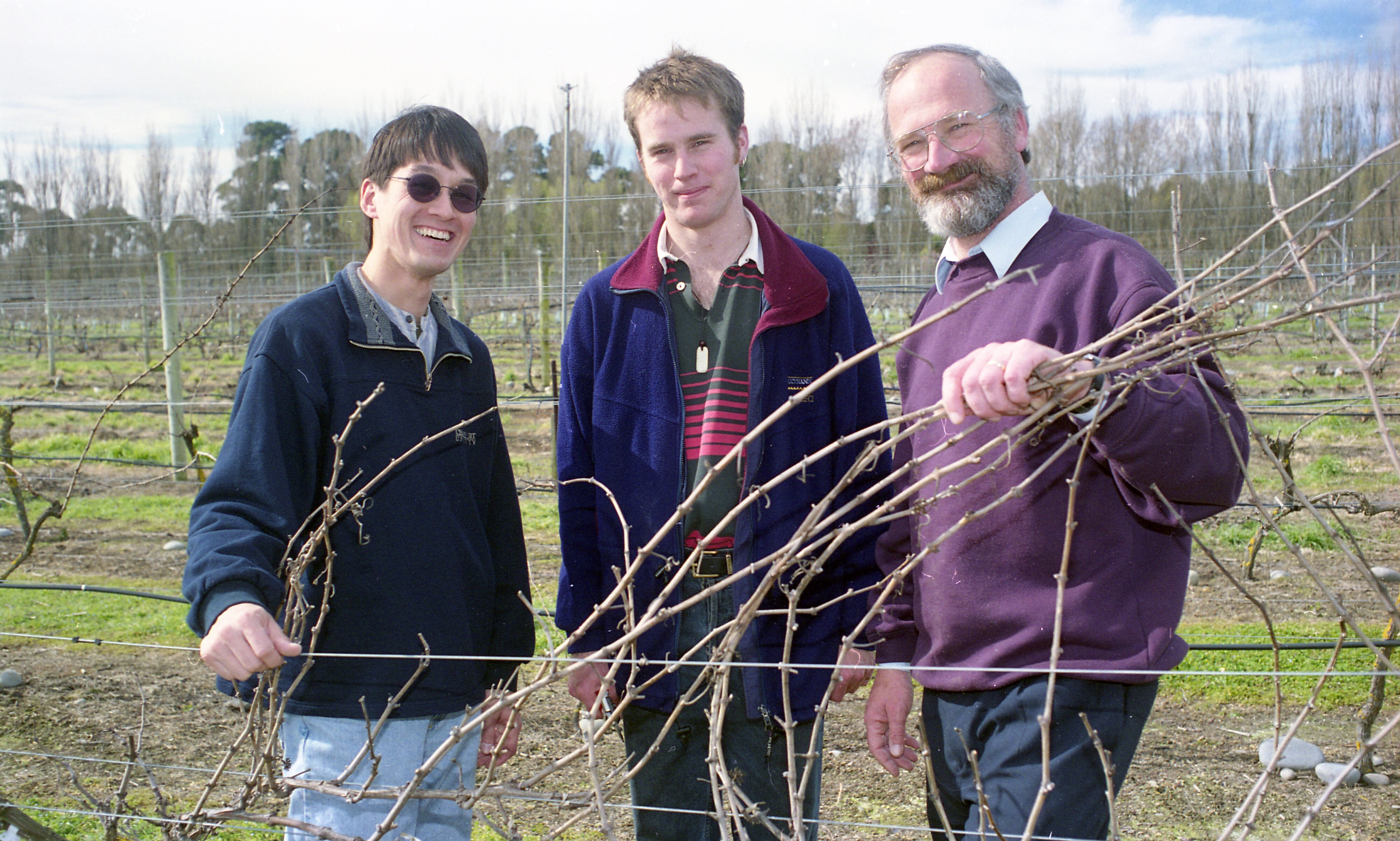 Three Lincoln University Viticulture &amp; Oenology Lecturers:
Glen Stewart, Adam Friend and Mike Trought  in the university's vineyard, August 1998 02