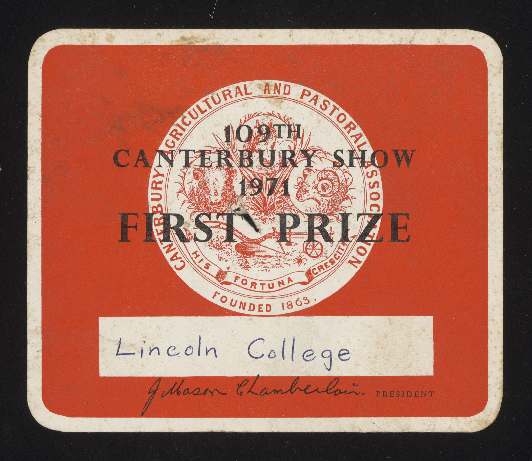 Canterbury A&amp;P Show Certificate, 1971, First Prize, Lincoln College