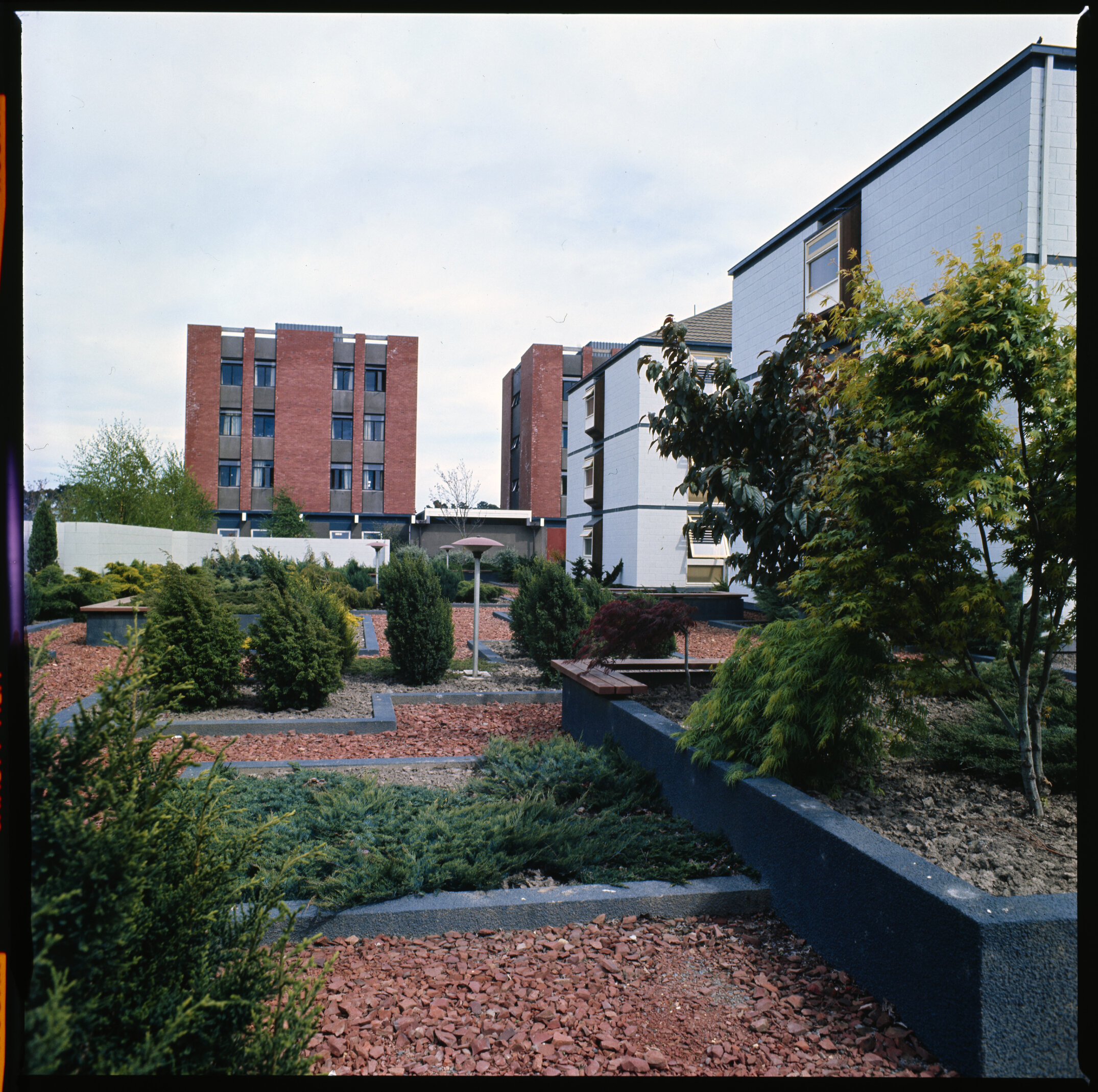 Stevens Hall and Colombo Hall, with surrounding landscaping, Lincoln campus, 1976 