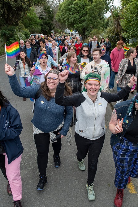 Lincoln University students and staff walking the new rainbow crossings on campus, 2022