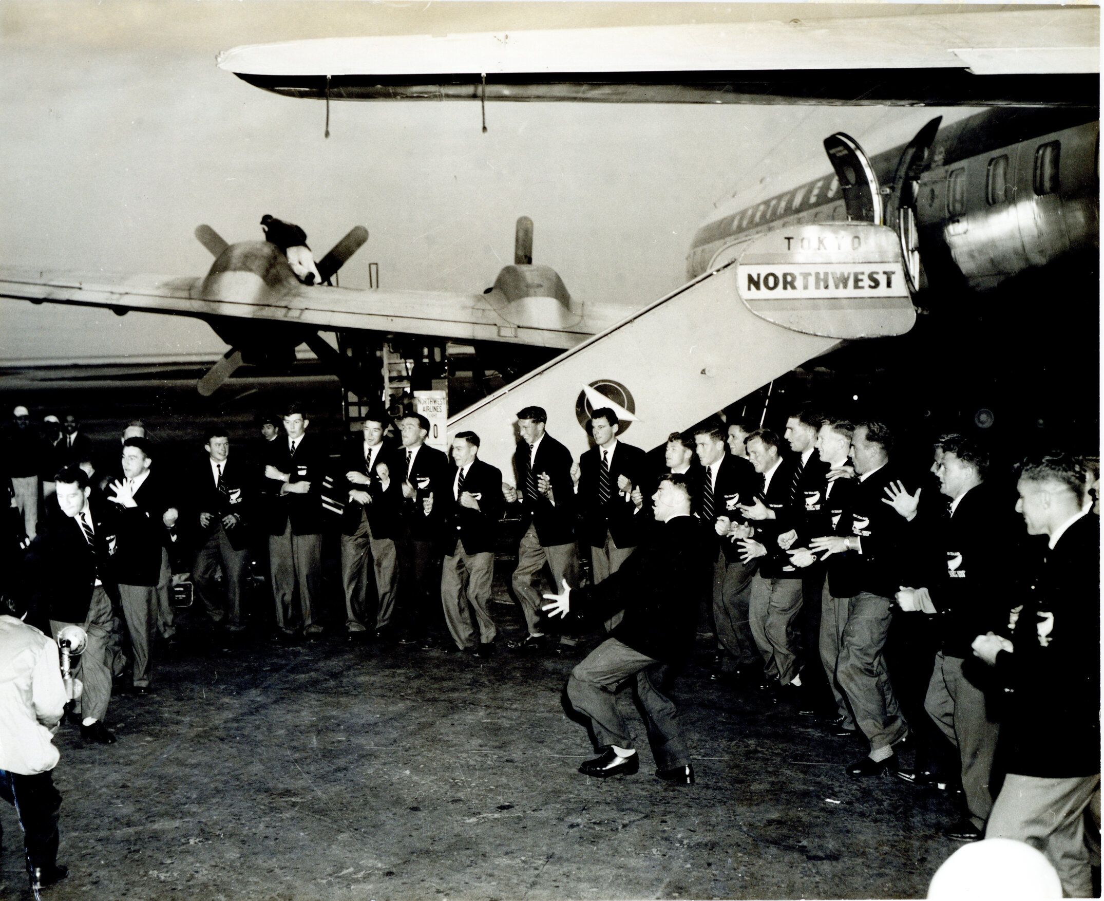 New Zealand Rugby Team Haka at the airport 1958