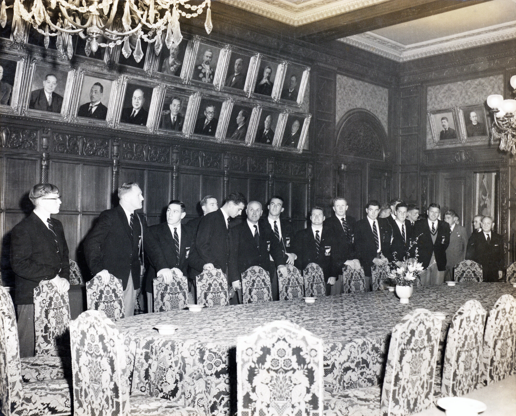 Members of the All Blacks team on their visit to the Japanese National Diet, 1958