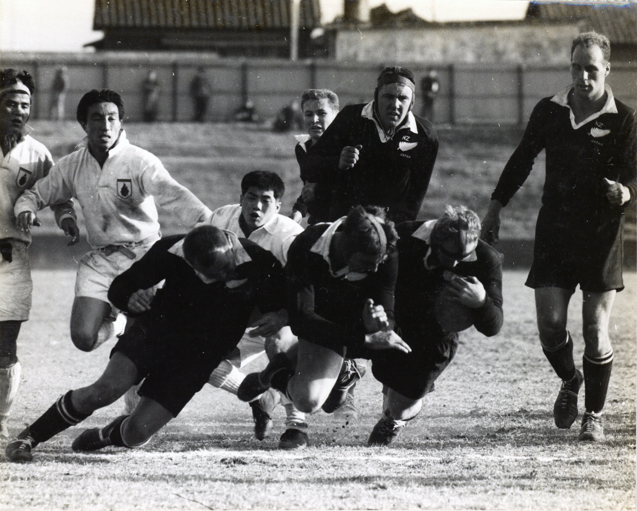 Playing against combined universiities at Chichibu Rugby field, Toyko, 26 Feb 1958