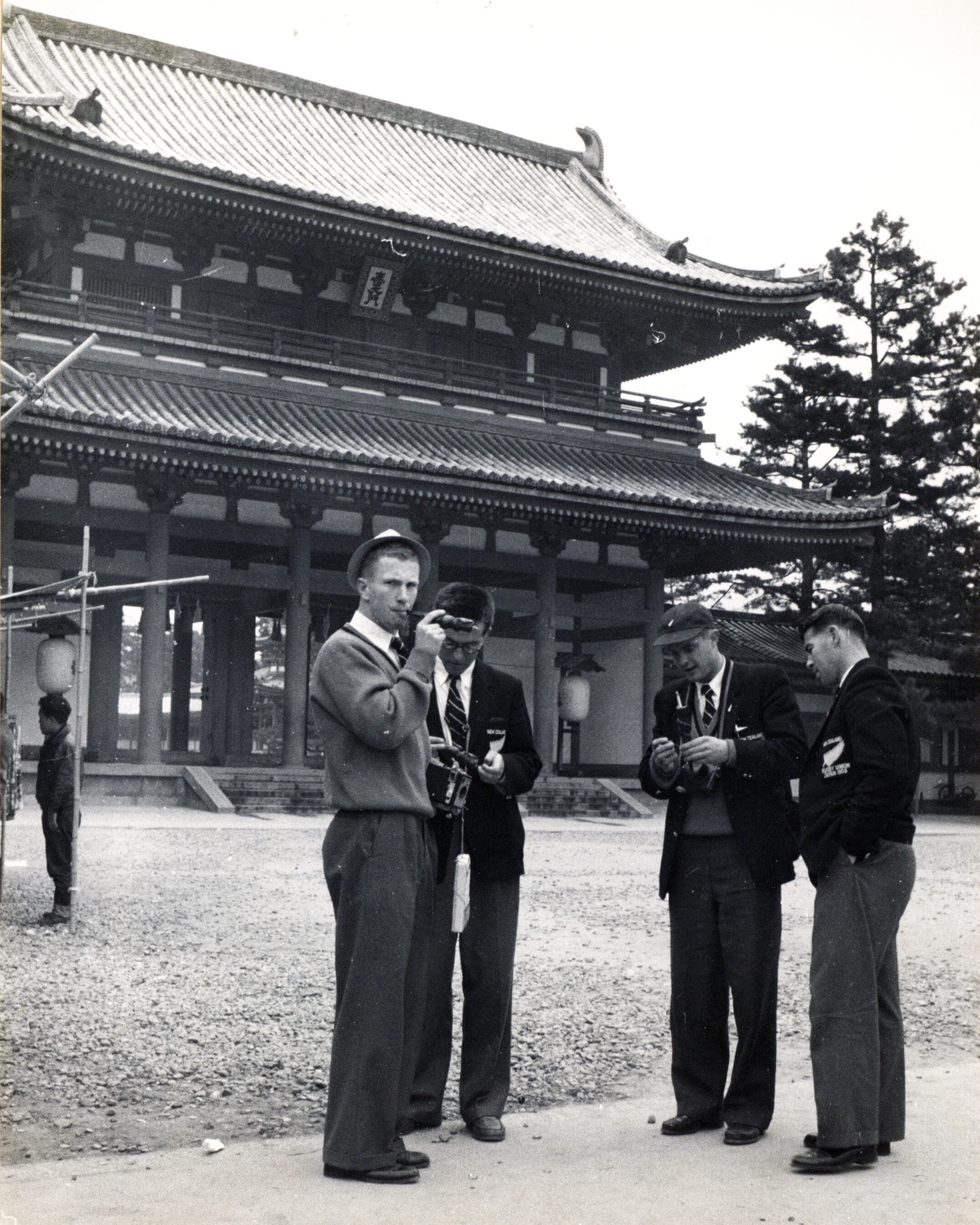 During the 1958 All Blacks tour to Japan, members of the team toured the South Great Gate (Nandaimon) of the Tōdai-ji temple in Nara, Japan.