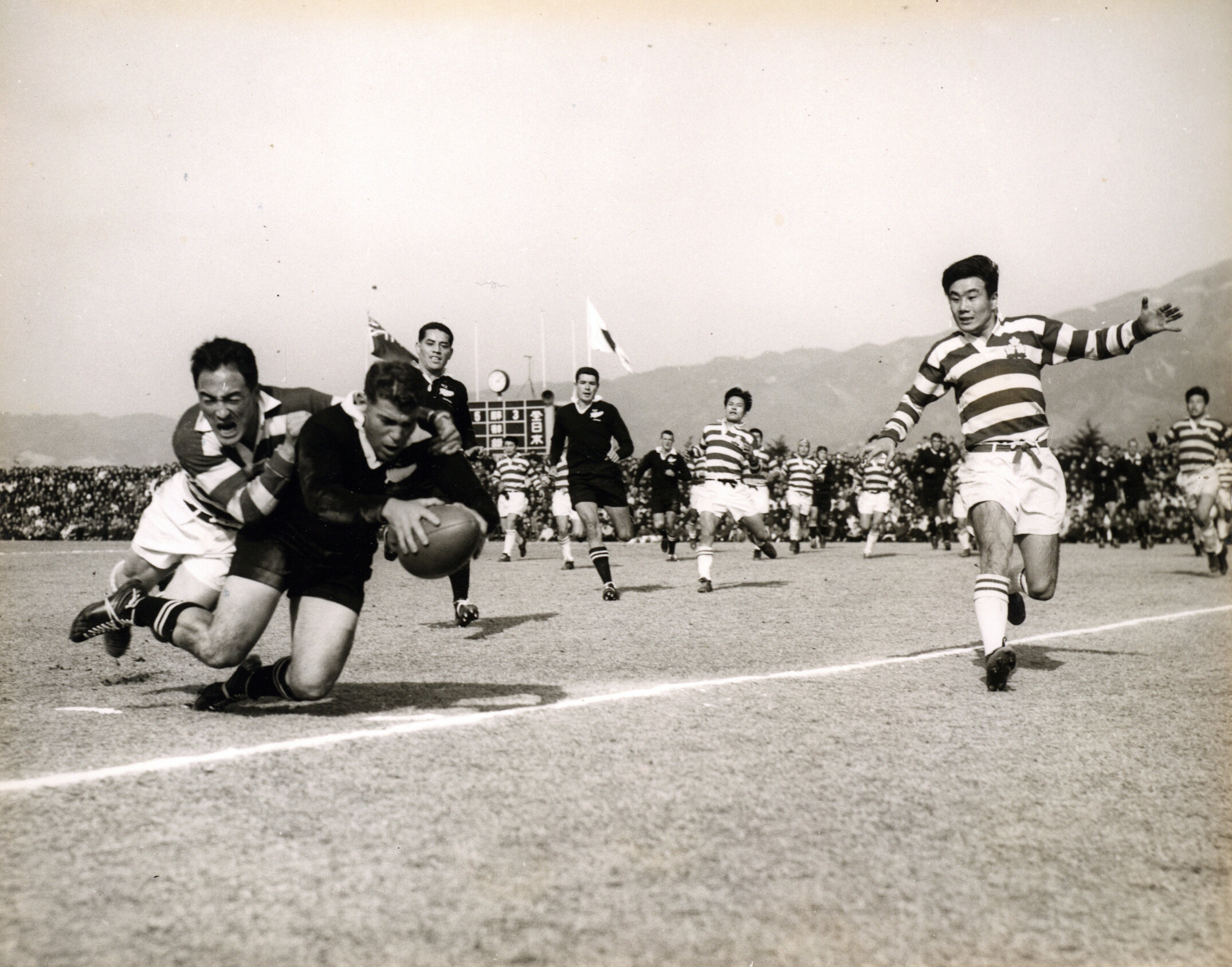 Match against All Keio University rugby team at Chichibu Rugby field, Tokyo, 21 March 1958