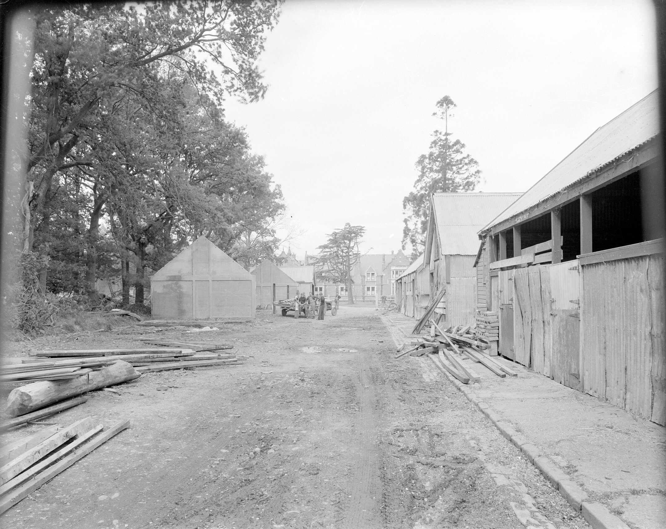 Old Stable Buildings Prior to Demolition, Canterbury Agricultural College, 1953, with Ivey Hall west in the Distance, Canterbury Agricultural College