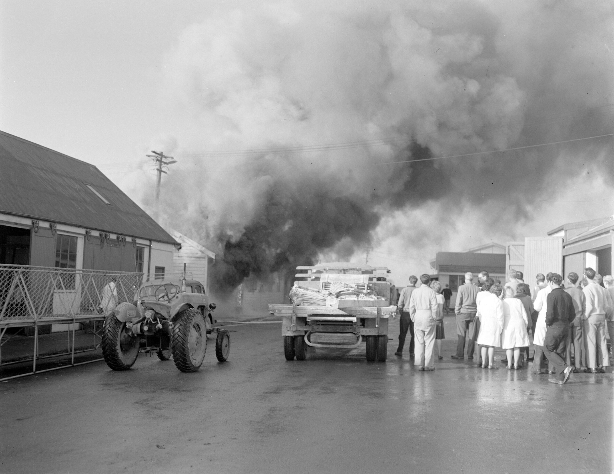 Fire in small accommodation unit at the end of workshops, E' Block, winter 1964, Canterbury Agricultural College