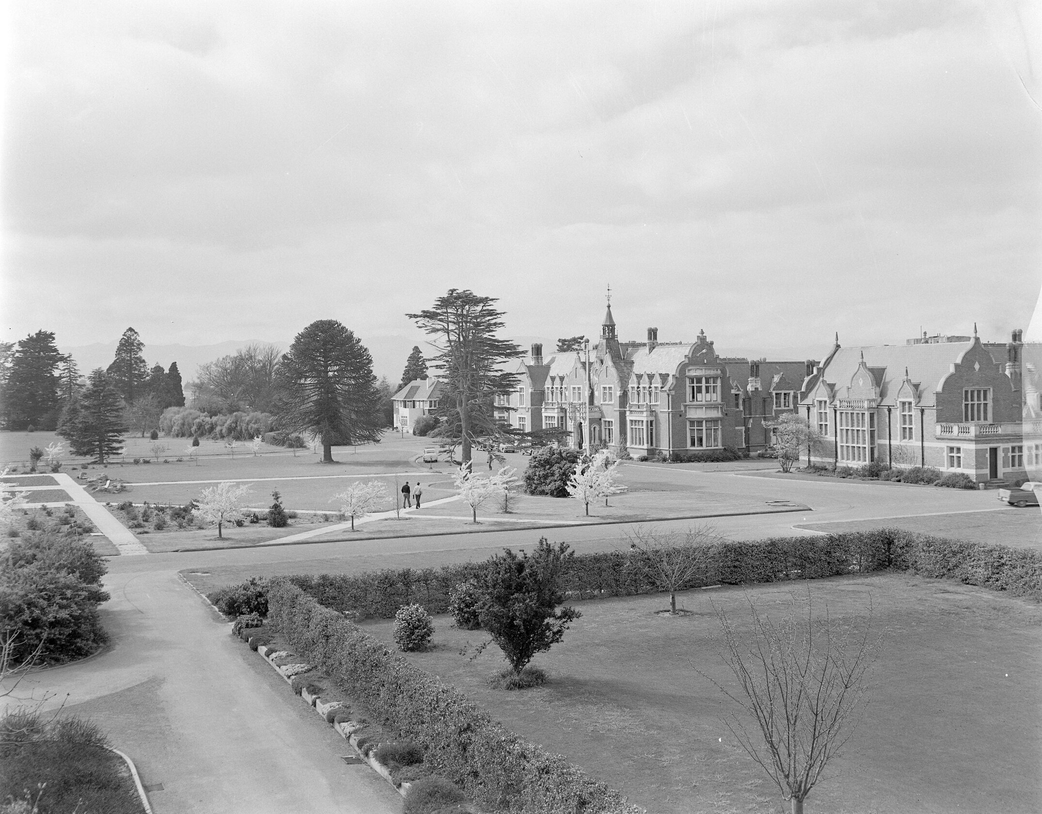 A view of Ivey Hall and Memorial Hall from the Sucken Garden, Canterbury Agricultural College, 1960