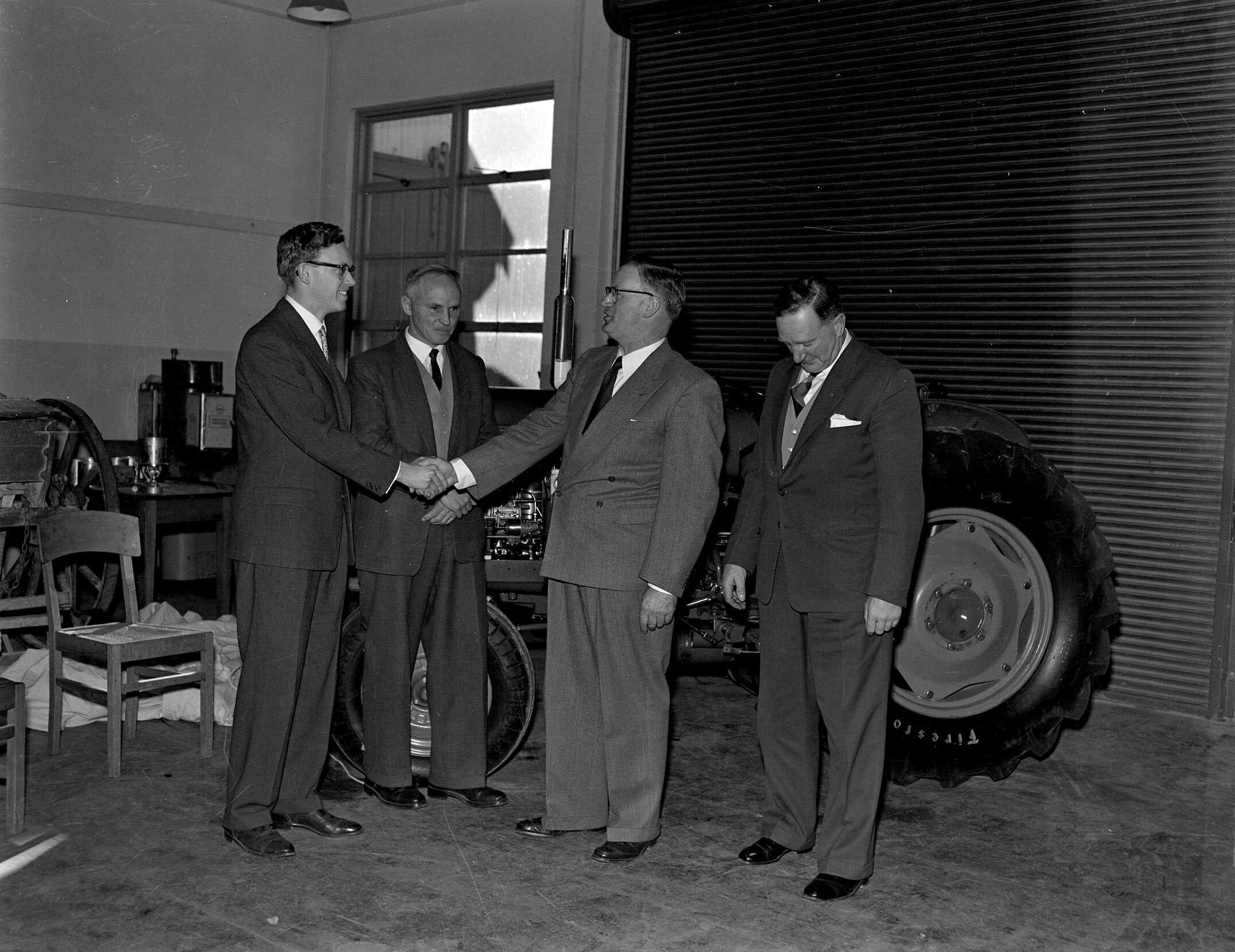 Presentation of sectioned David Brown tractor to Lincoln College for teaching purposes, 1961