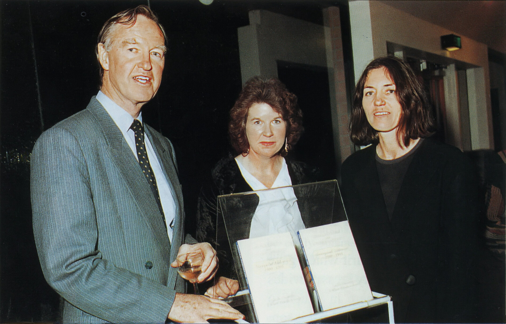 Vice-Chancellor Professor Bruce Ross, Coral Atkinson and Daphne Brasell at the launching of Lincoln University Press' first book, 1994