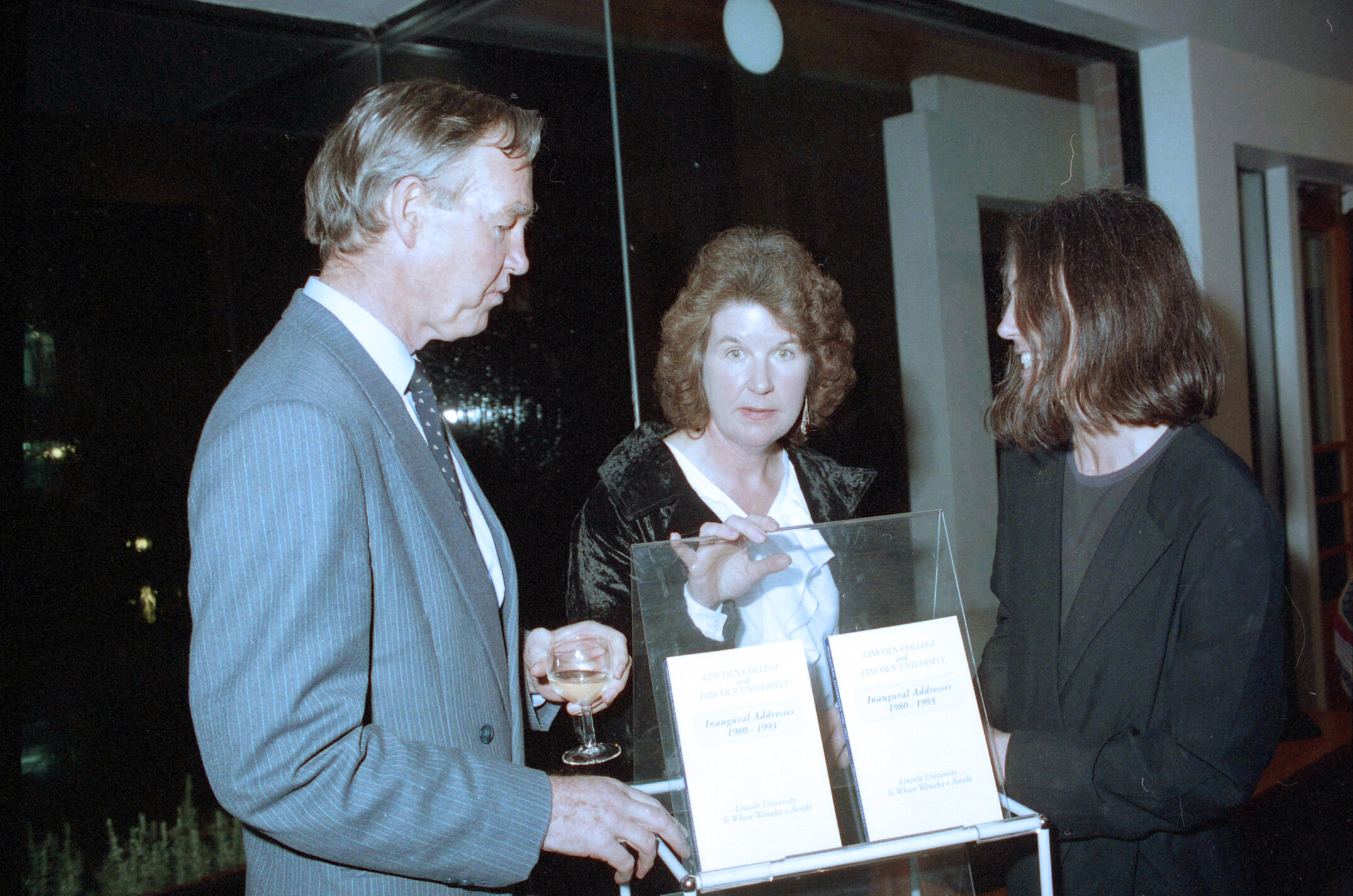 Vice-Chancellor Professor Bruce Ross, Coral Atkinson and Daphne Brasell at the launching of Lincoln University Press' first book, 1994 03