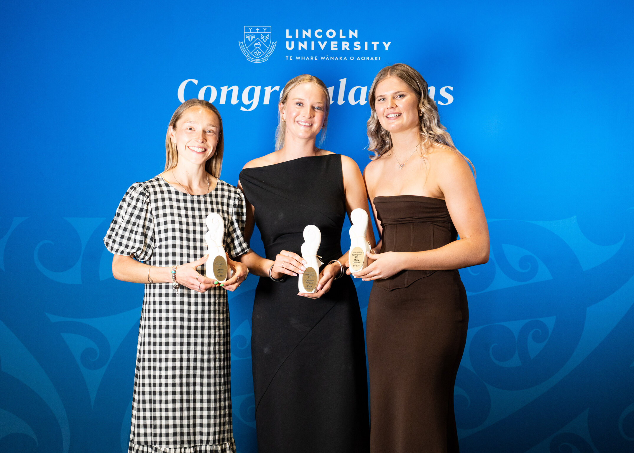 2025 Blues and Golds Awards: Sporting Blue winners, Scarlett kirby (Korfball), Johanna Wylaars (Equestrian), and Macy Costello (Netball) 
