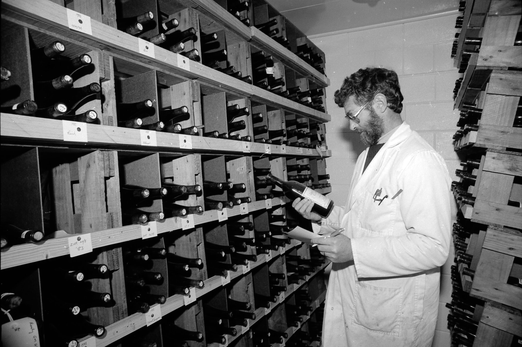 Graeme Steans, Winemaker at Lincoln College, in Wine Cellar &ndash; July 1988