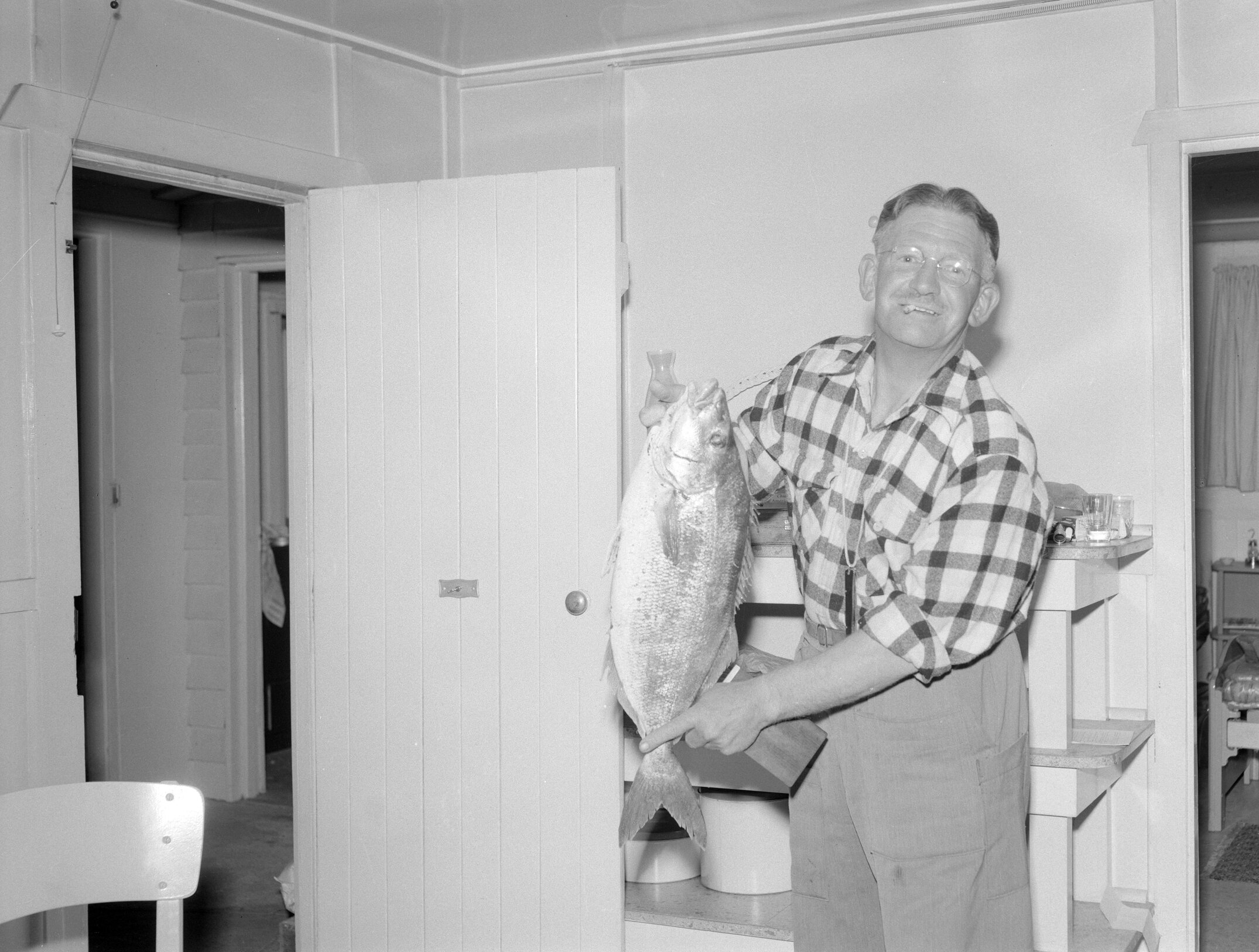 Ron Blackmore holding a large fish indoors, circa 1962(Blackmore Neg 5228)