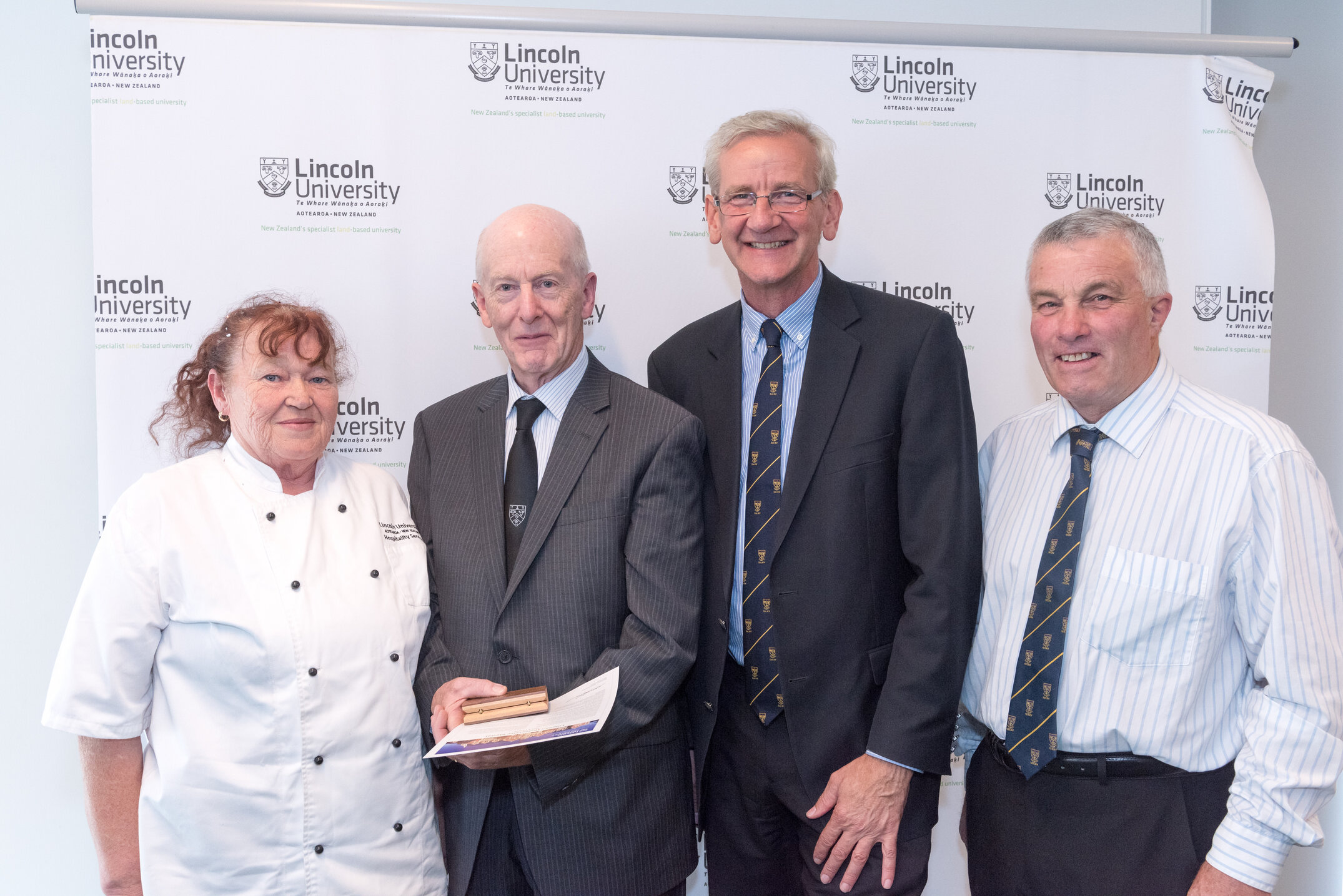 2016 Lincoln University Medal Award Ceremony at Te Kete Ika, Heather Watson, Ian Collins, Tom Lambie and Noel Hickford