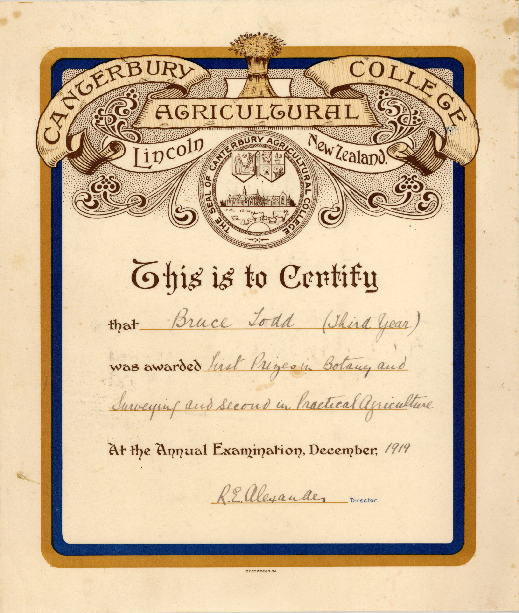 Certificate &ndash; Bruce Todd, First Prize in Botany and Surveying (1919)