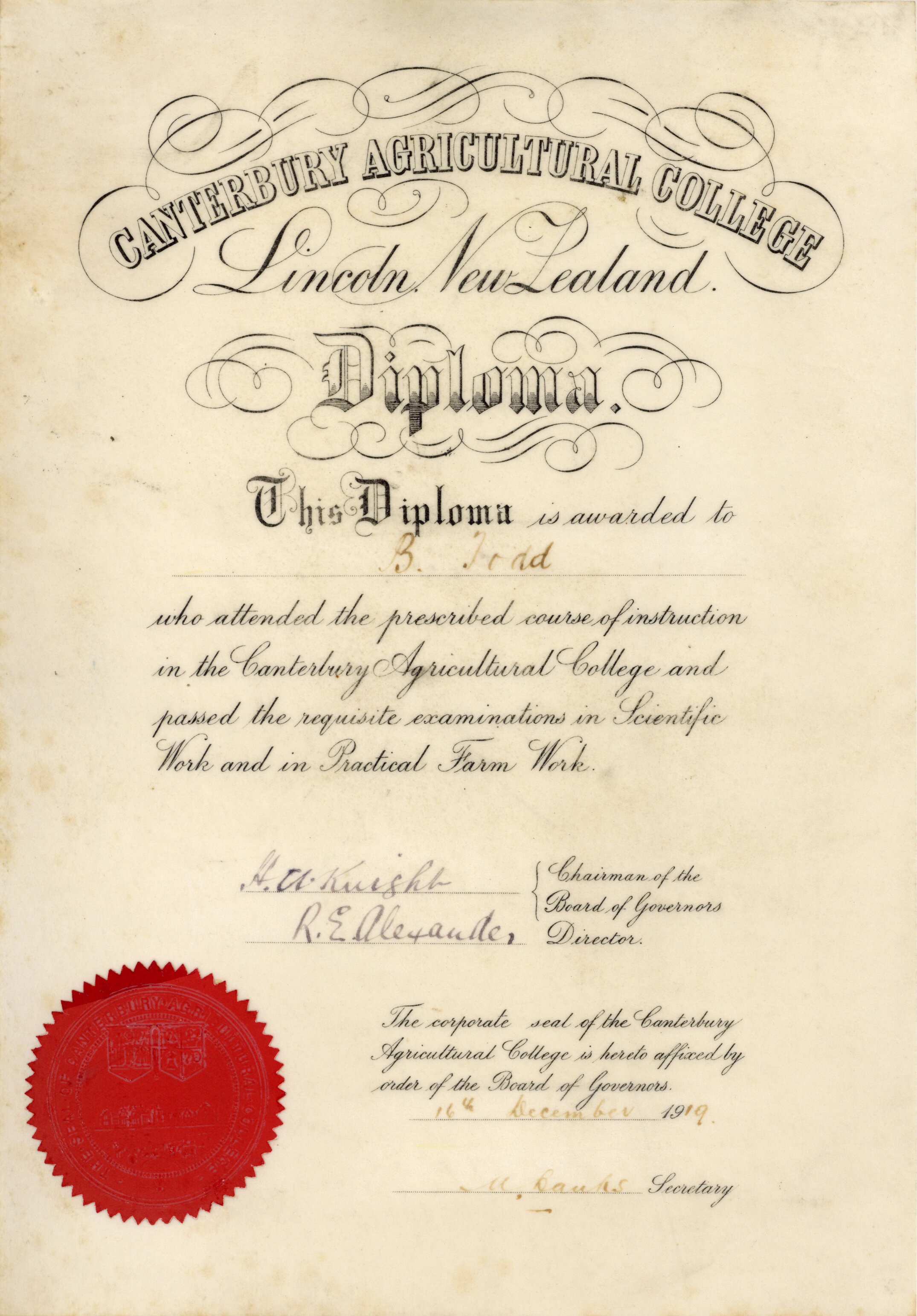 Diploma &ndash; B. Todd, Scientific and Practical Farm Work (1919)