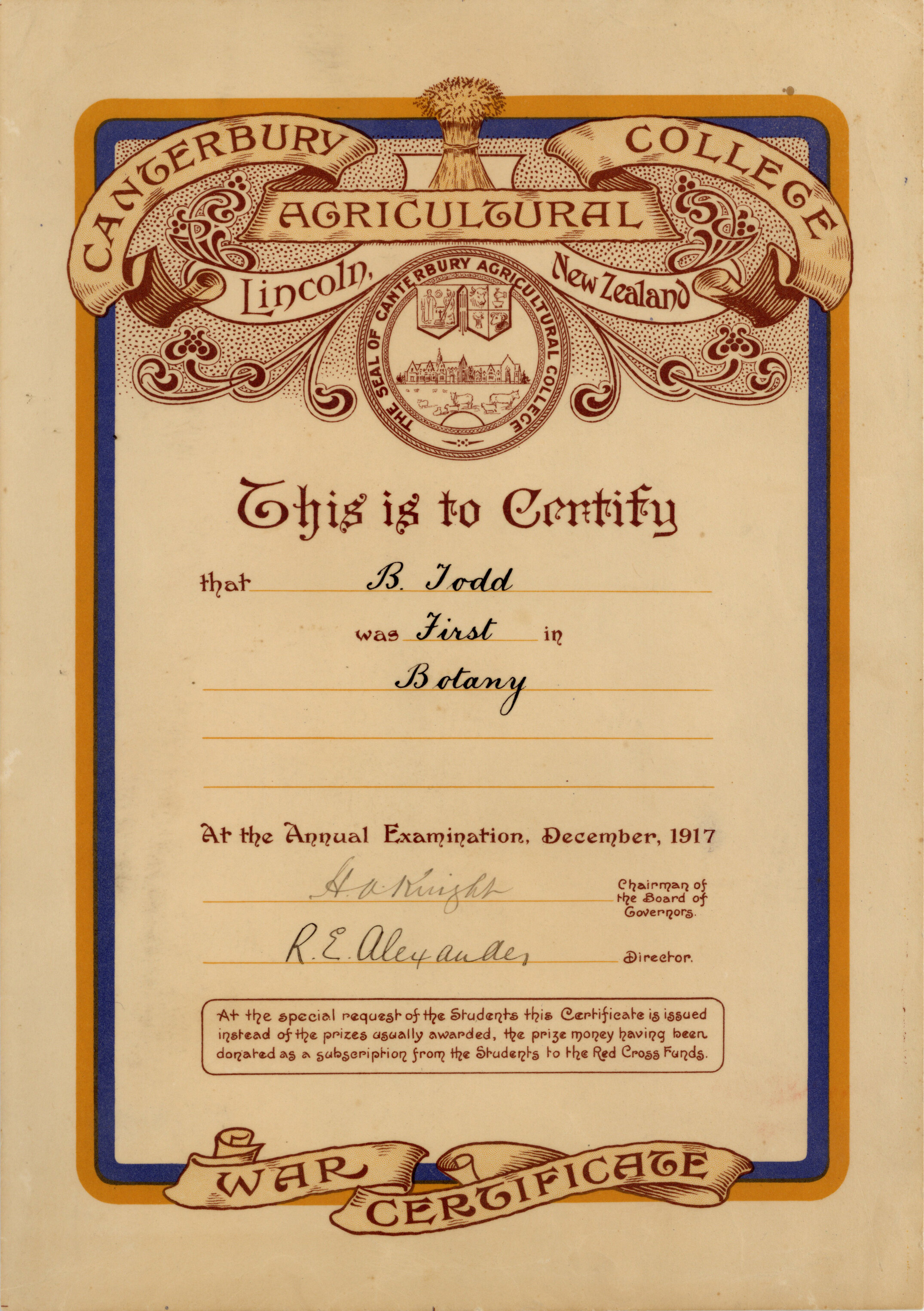 War Certificate &ndash; B. Todd, First in Botany (1917)