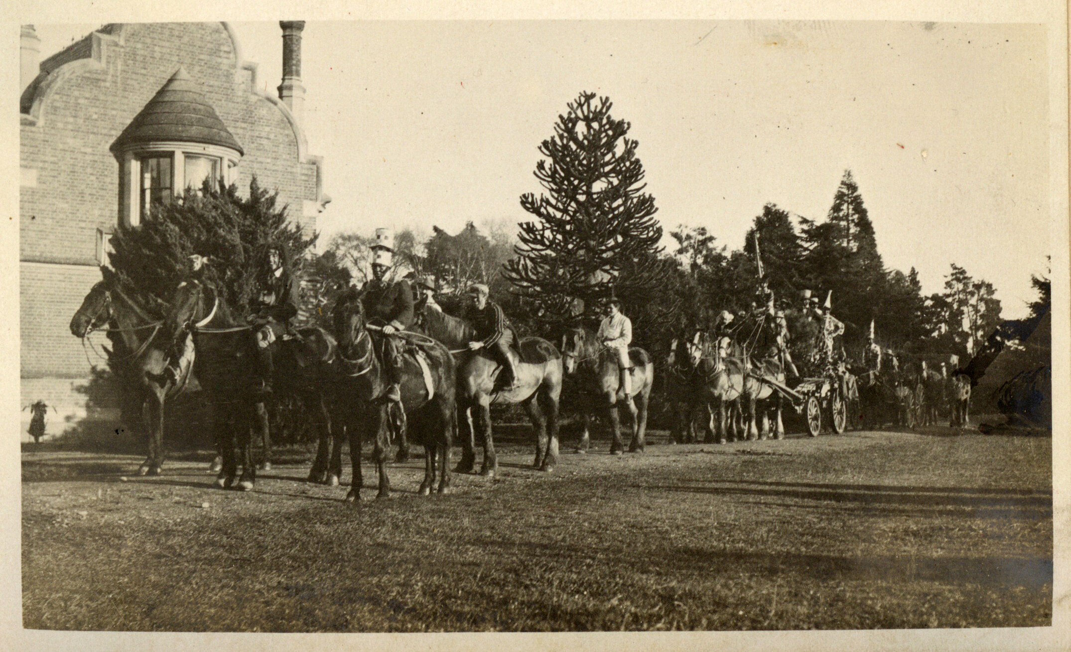 Canterbury Agricultural College mounted procession beside Memorial Hall, c.1918