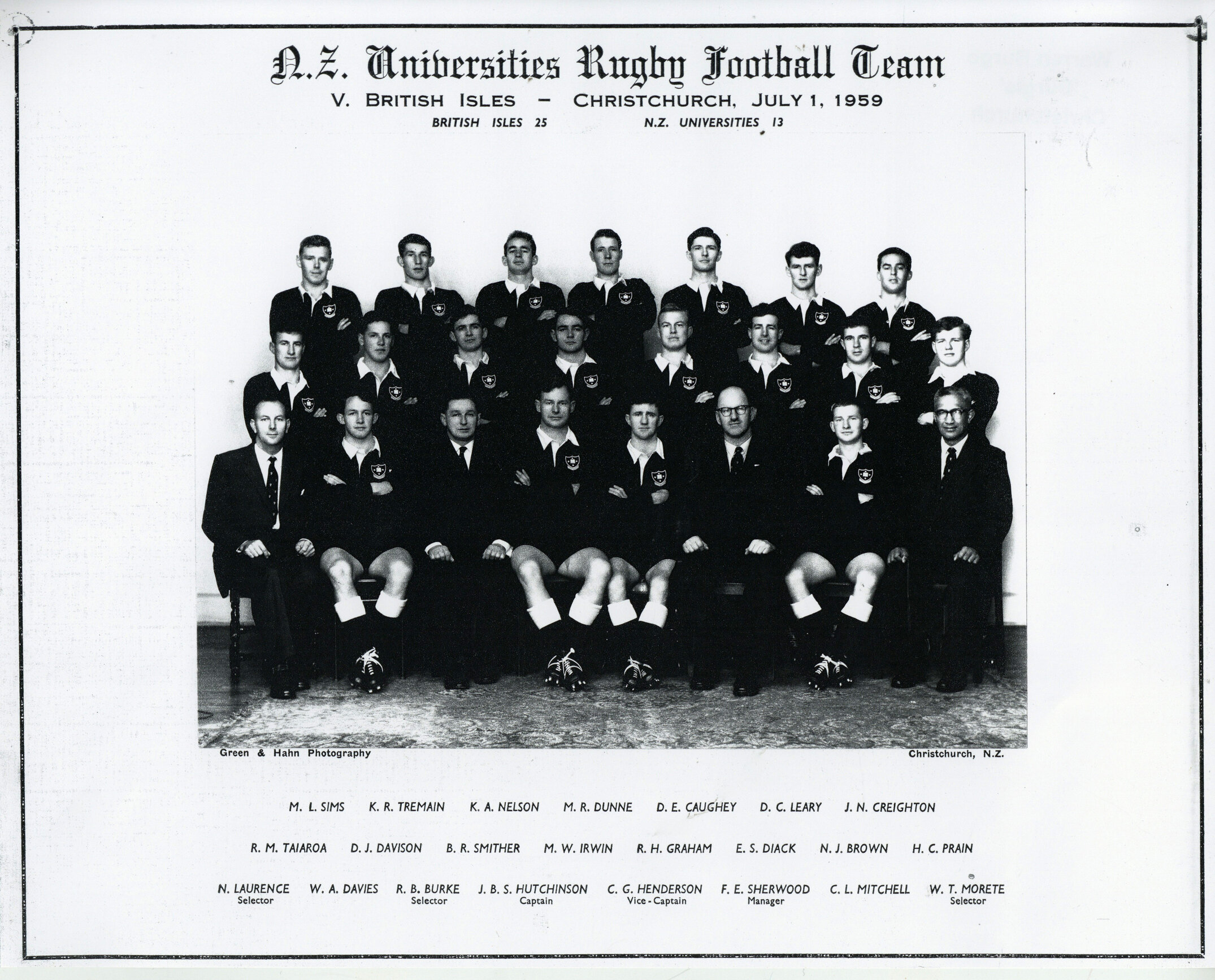 N.Z. Universities Rugby Football Team v. British Isles, Christchurch, 1 July 1959