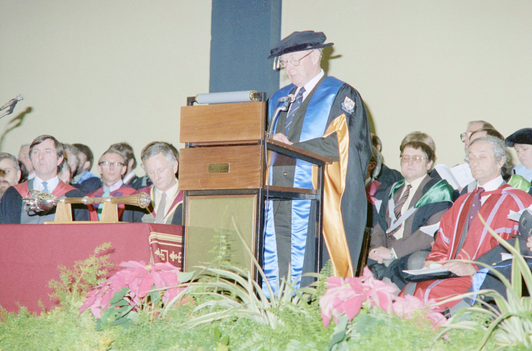 Sidney M. Hurst Addressing Graduates and Guests in Gillespie Hall, 04 May 1984. 