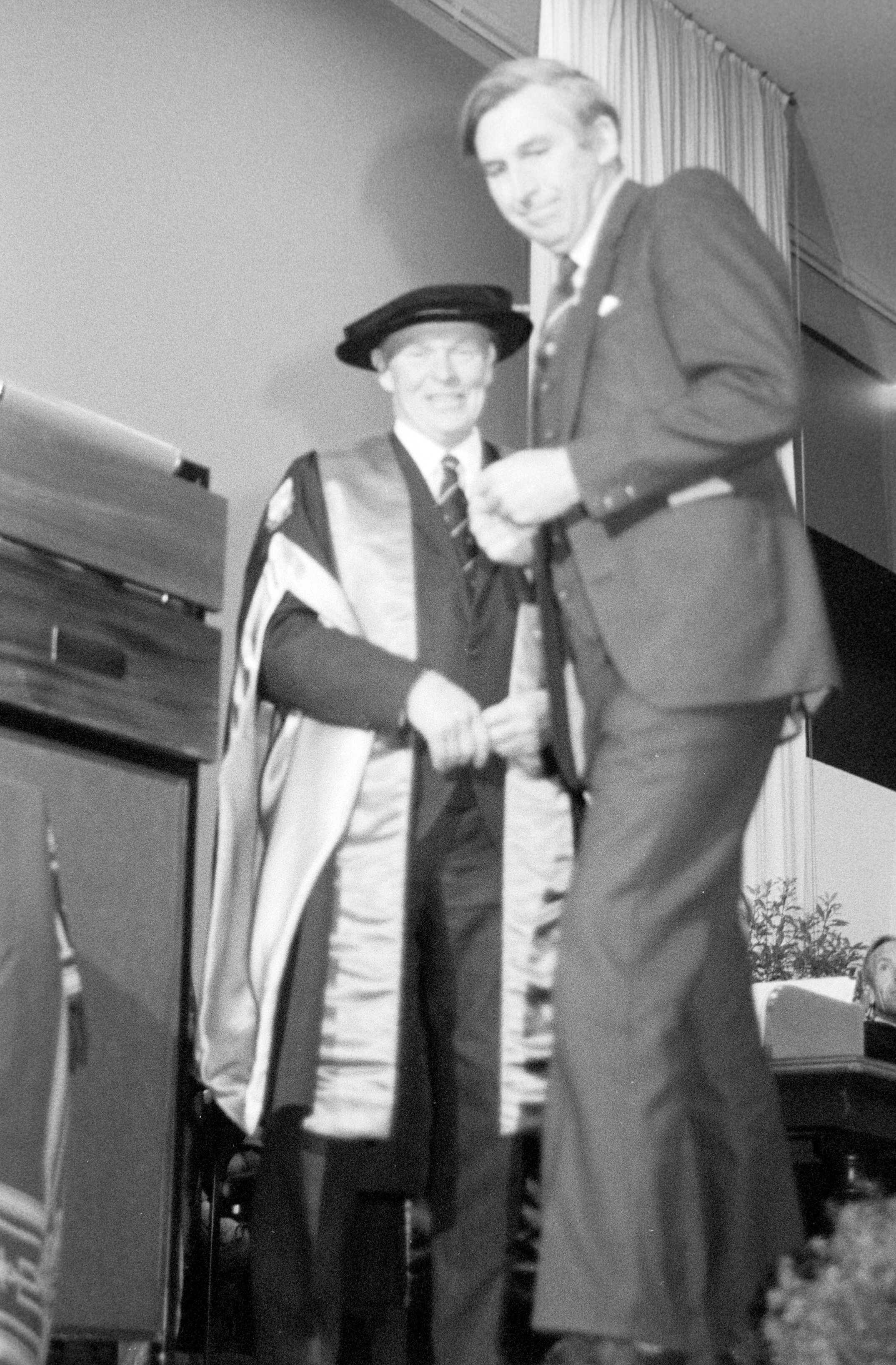 Sidney M. Hurst and A. R. Hutton on the Gillespie Hall Stage, 04 May 1984