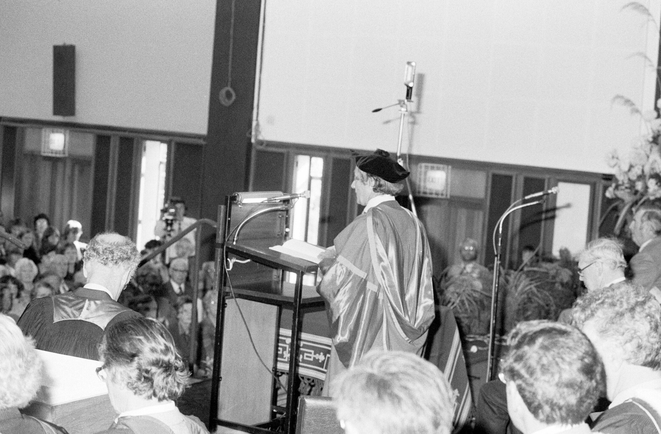 Professor R.H.M. Langer Addressing Attendees in Gillespie Hall, 04 May 1984