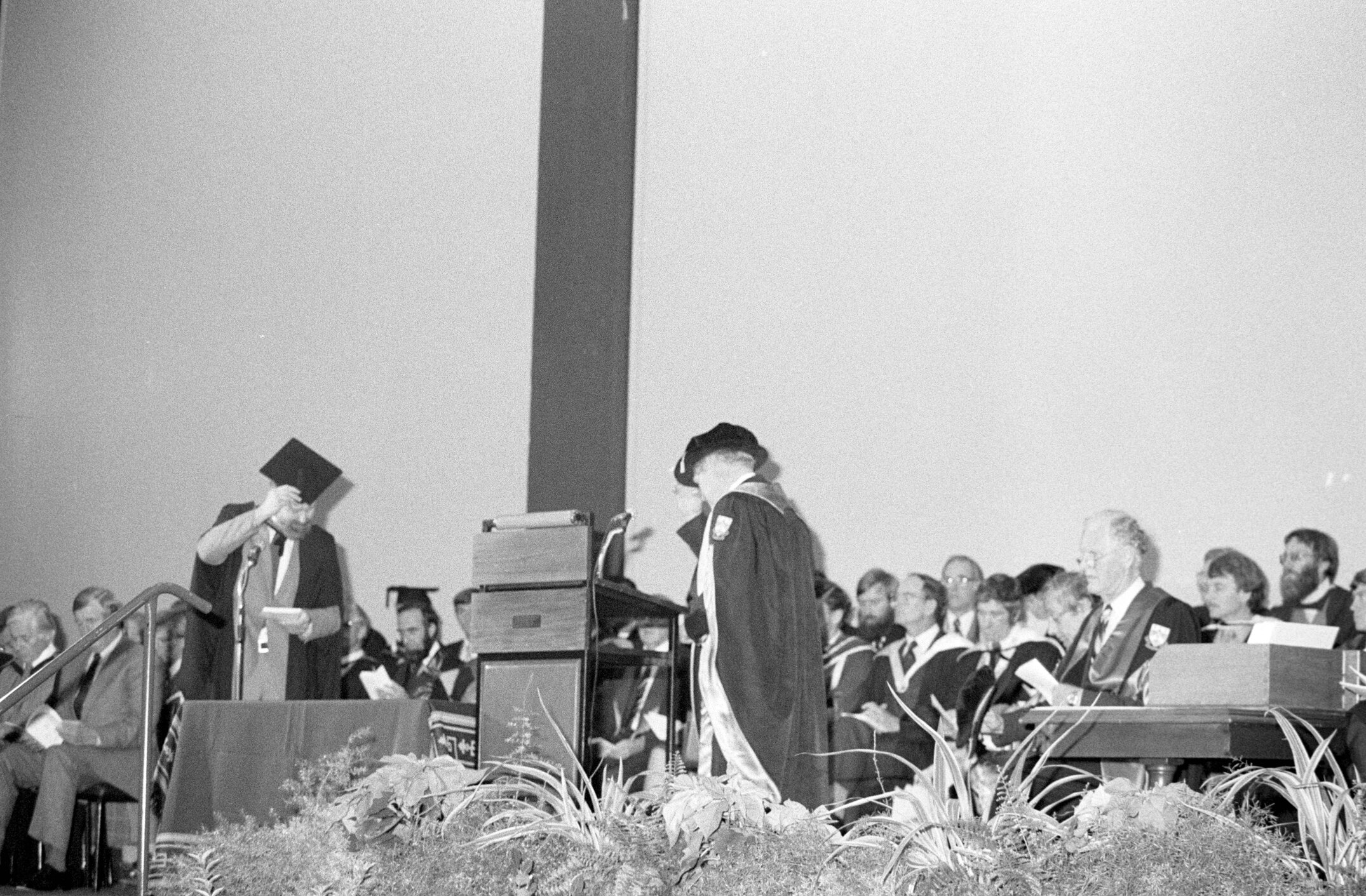 Academic Staff Assembled on Stage for Graduation Ceremony, 04 May 1984