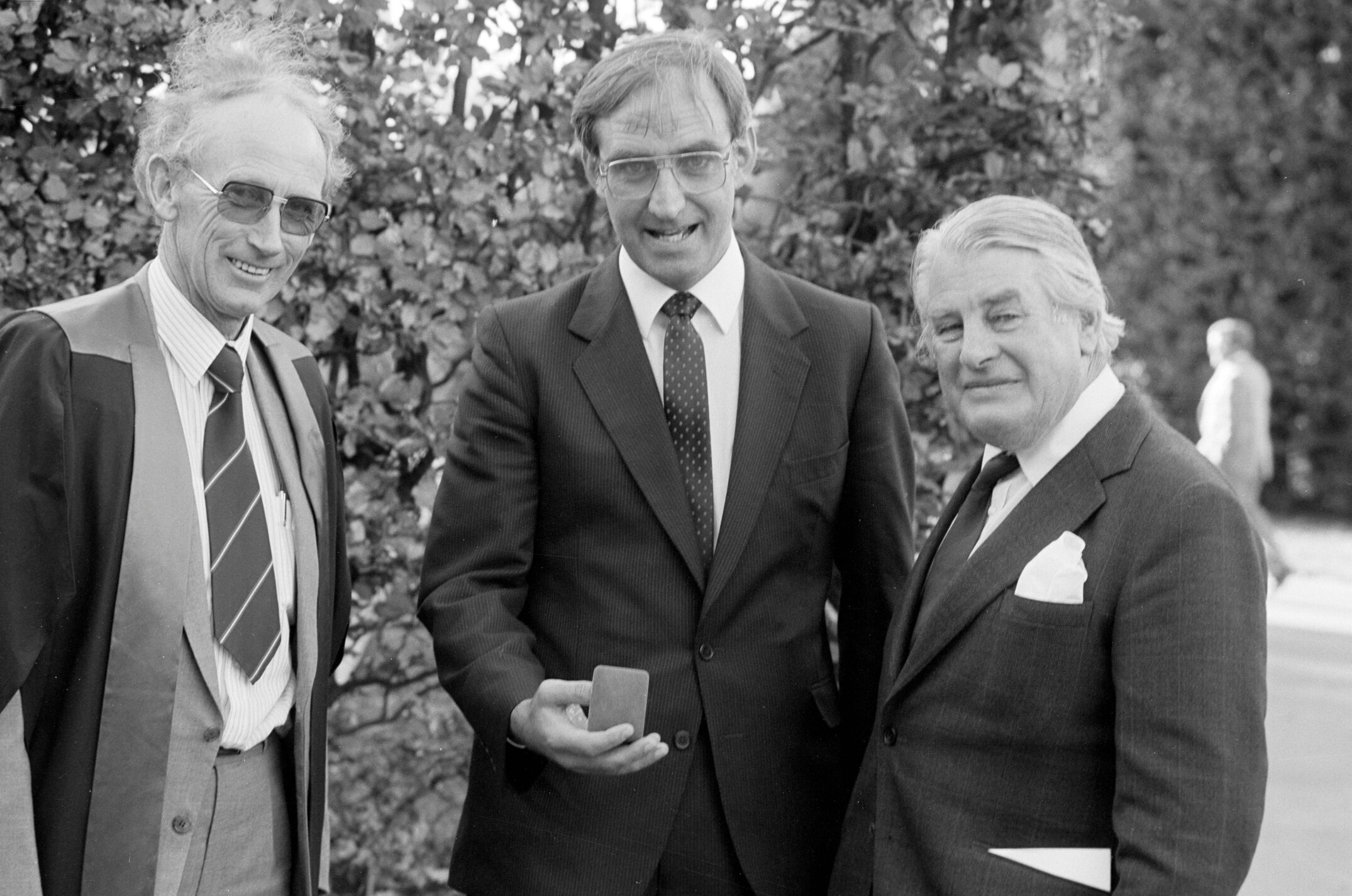 LCOSA President Alan Bilbrough with Bledisloe Medallist Colin  James (Jas) McKenzie and Professor Bryan Philpot, May 1985