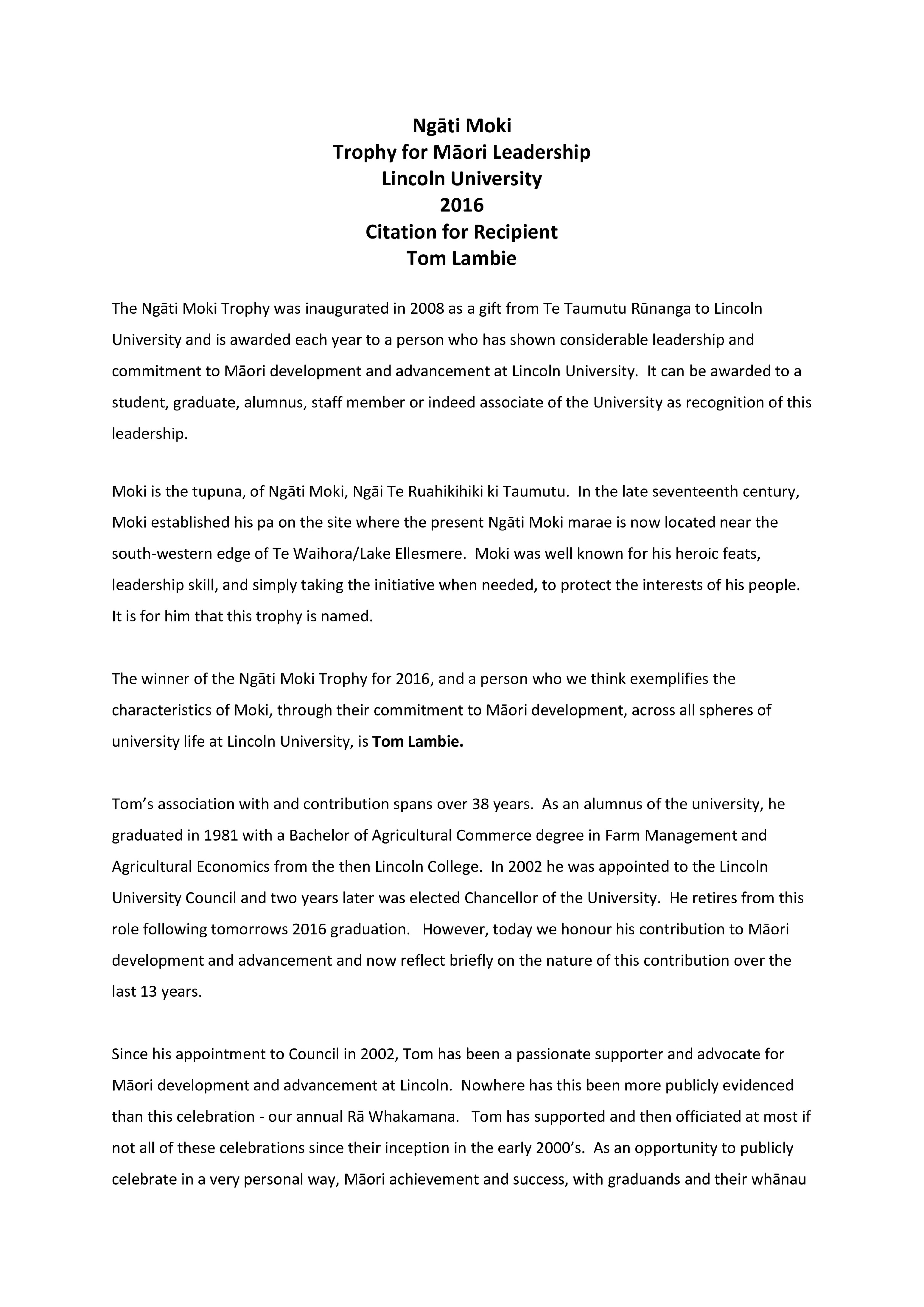 2016 
Ngāti Moki Trophy
Citation for
Tom Lambie