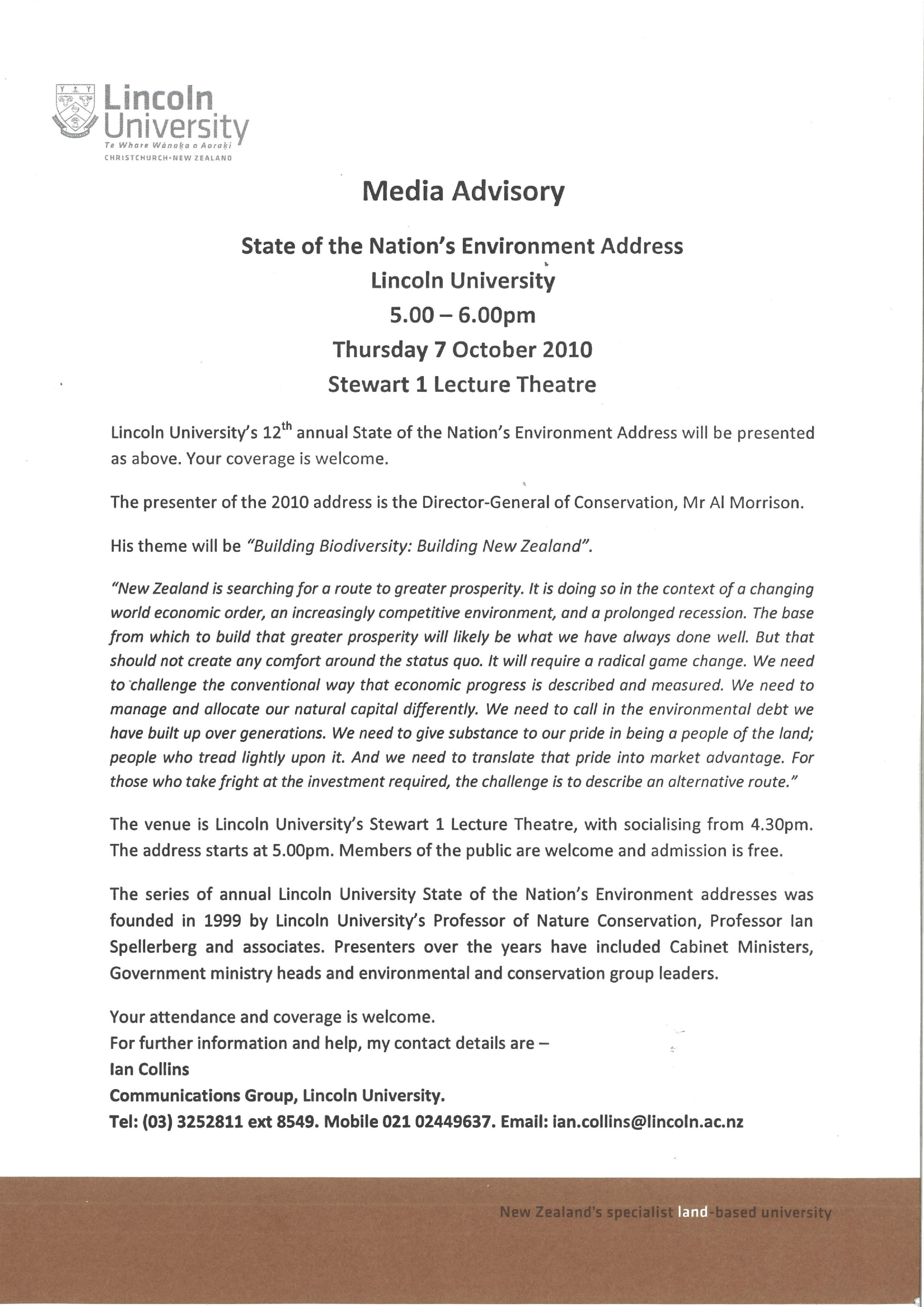 2010 State of the Nation's Environment Address Media Advisory