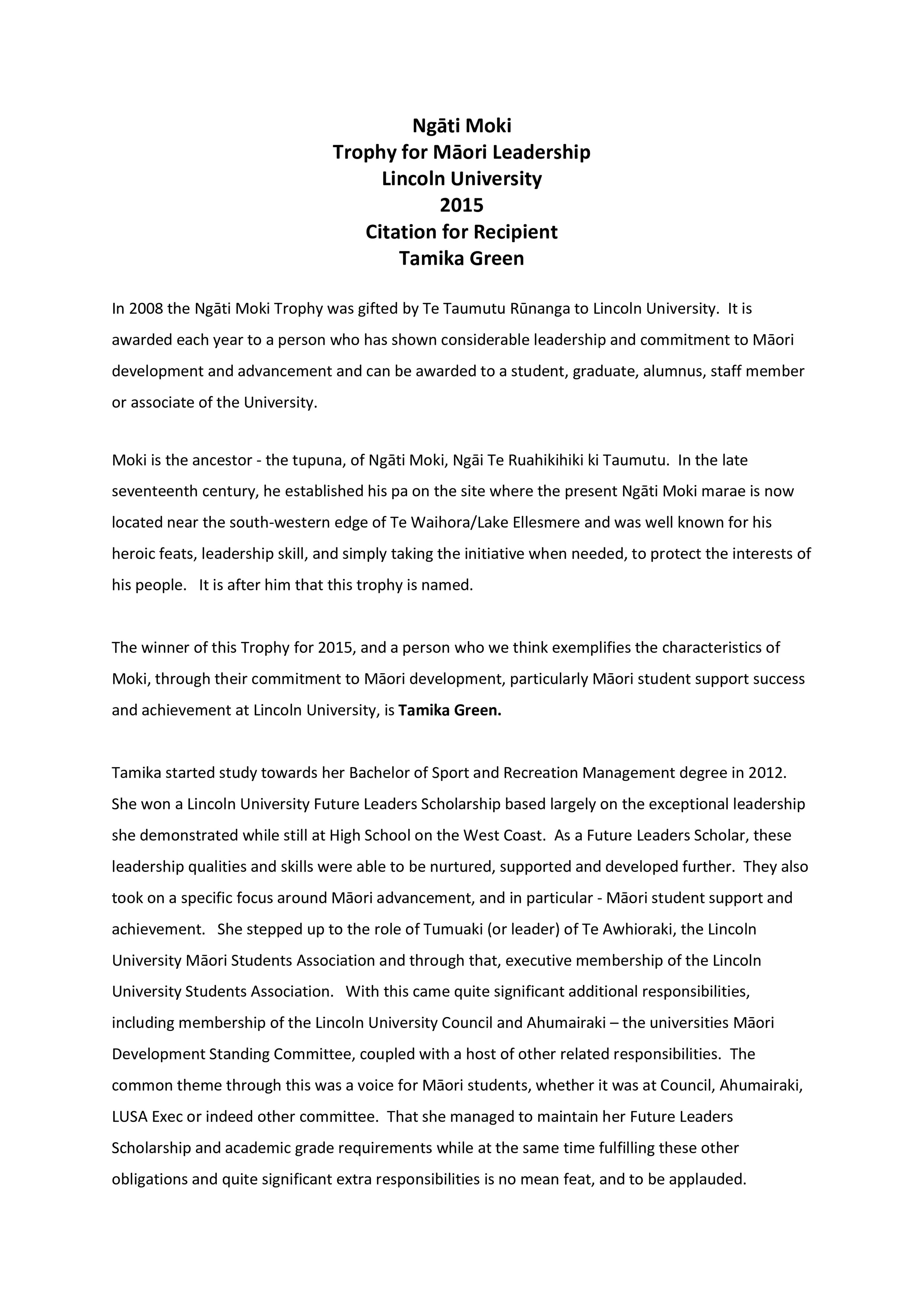 2015 
Ngāti Moki Trophy
Citation for
Tamika Green