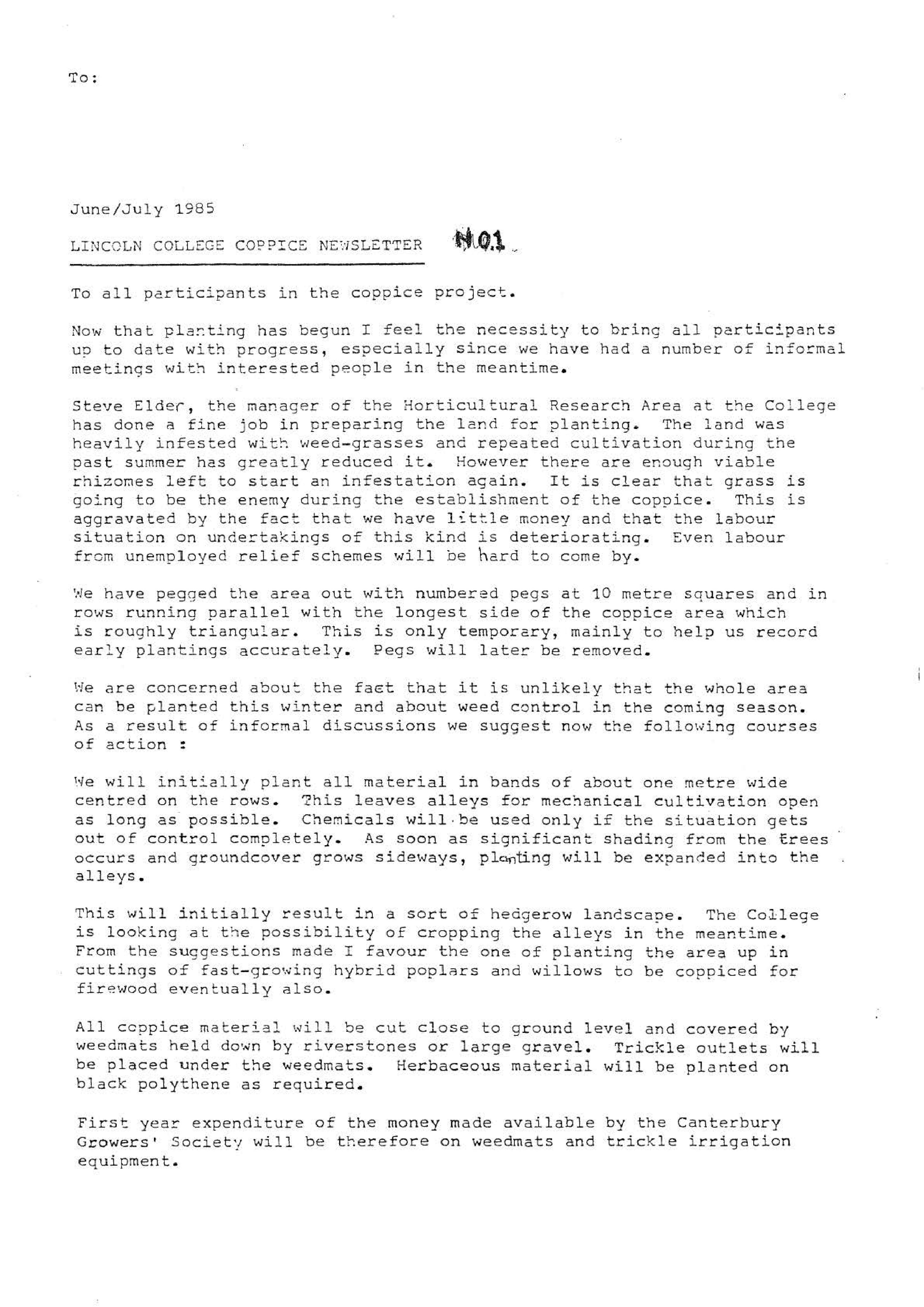 Lincoln College Brandenburg Coppice Newsletter No. 1, June - July 1985