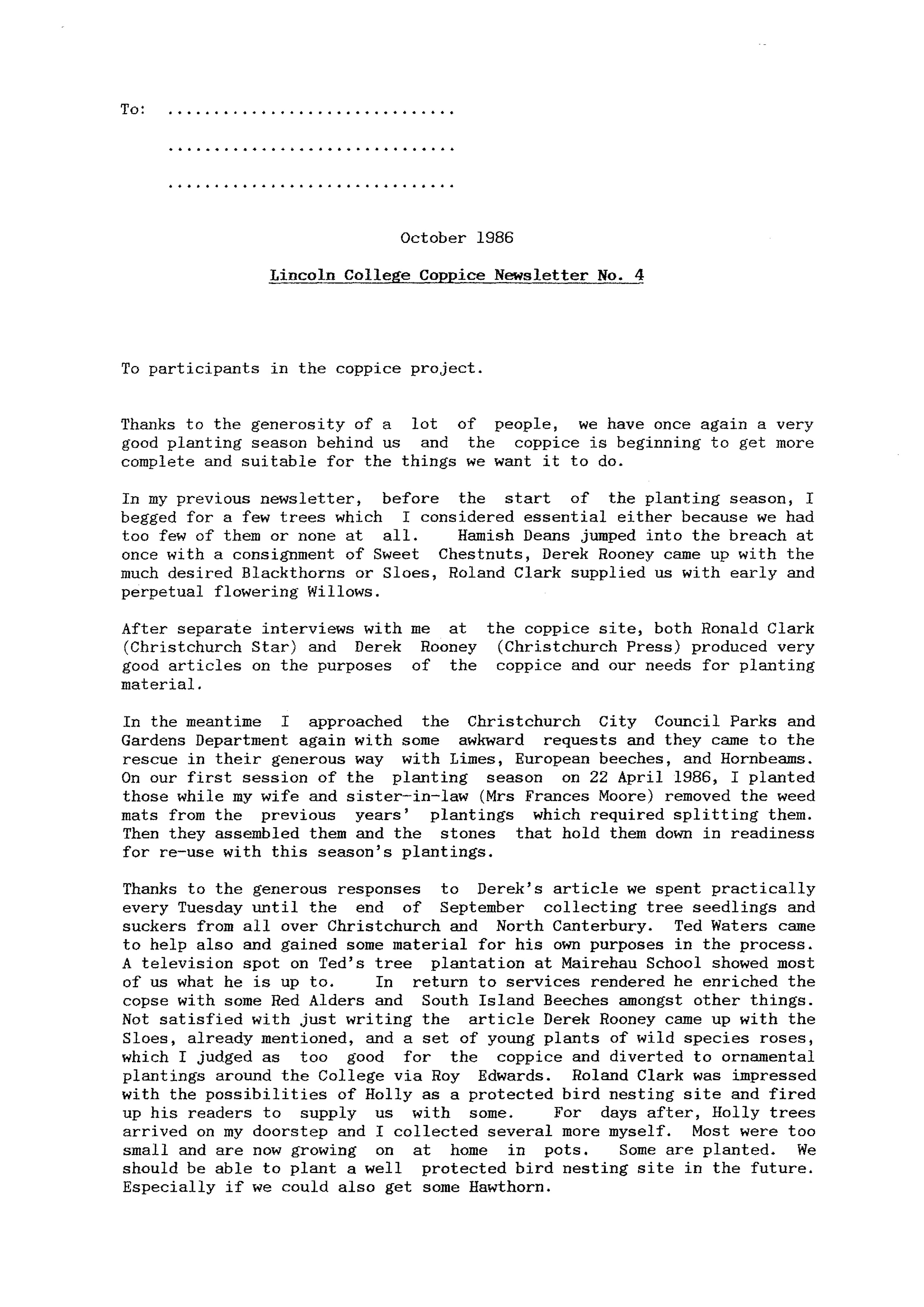 Lincoln College Brandenburg Coppice Newsletter No. 4, October 1986