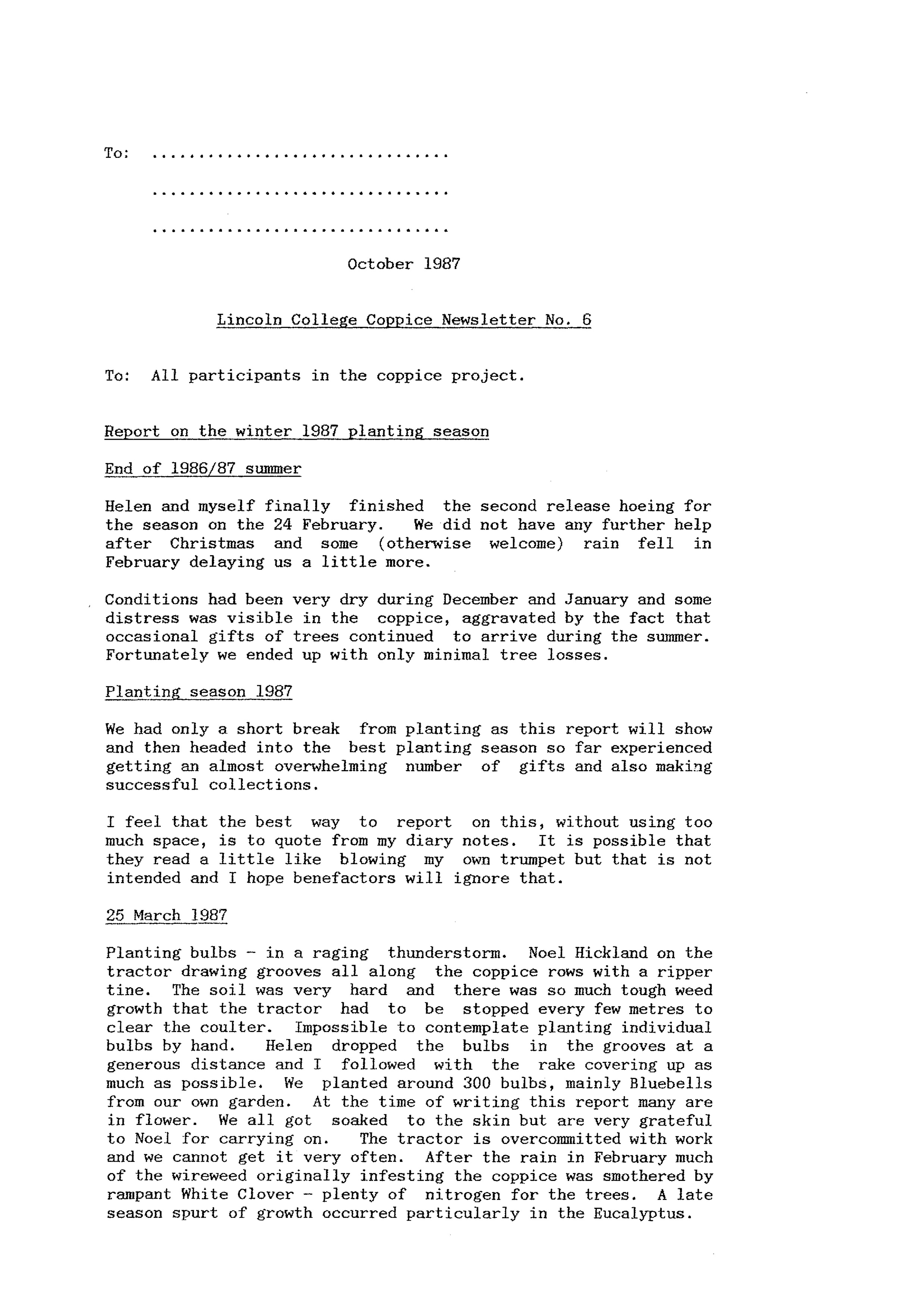 Lincoln College Brandenburg Coppice Newsletter No. 6, October 1987