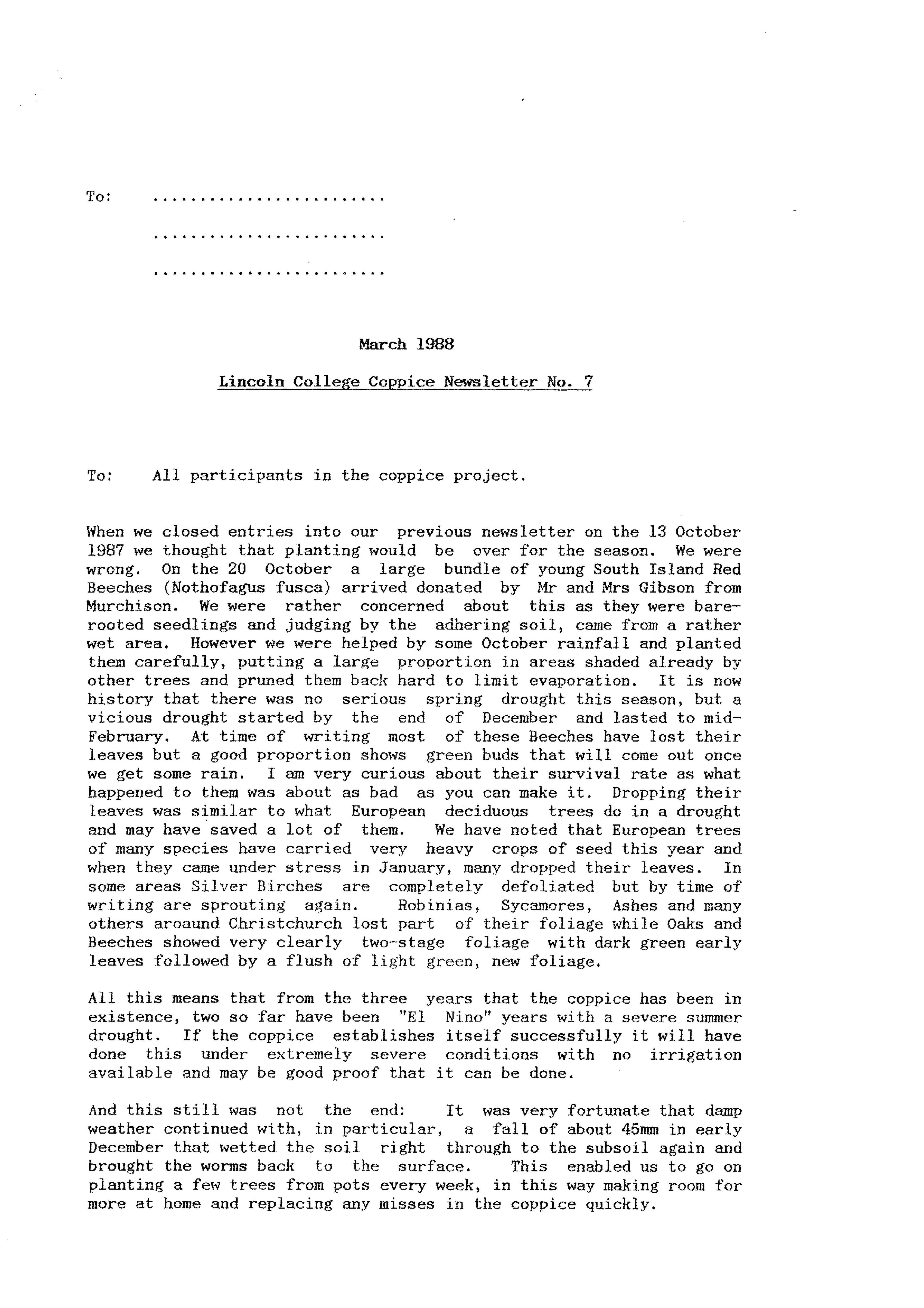 Lincoln College Brandenburg Coppice Newsletter No. 7, March 1988
