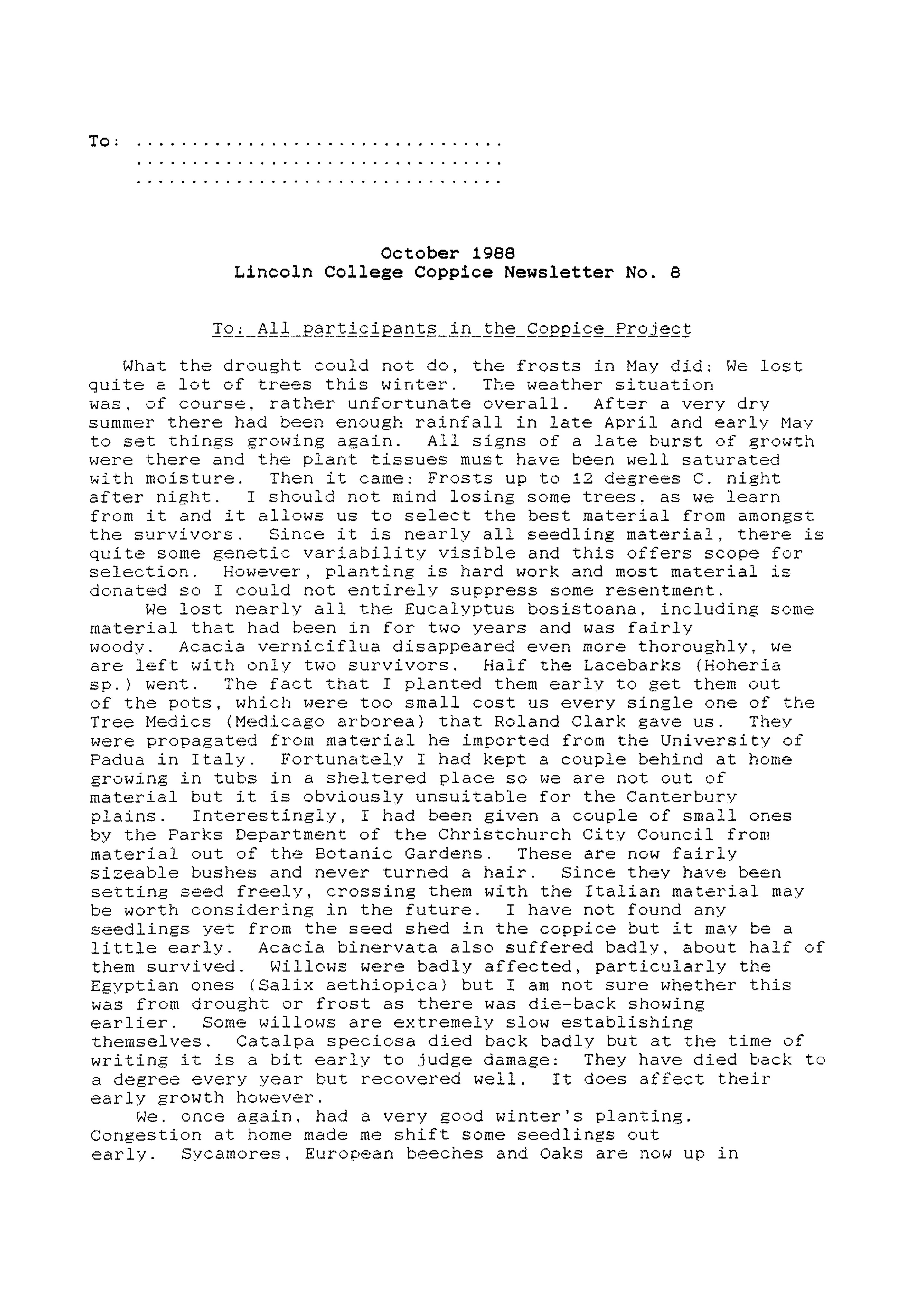 Lincoln College Brandenburg Coppice Newsletter No. 8, October 1988
