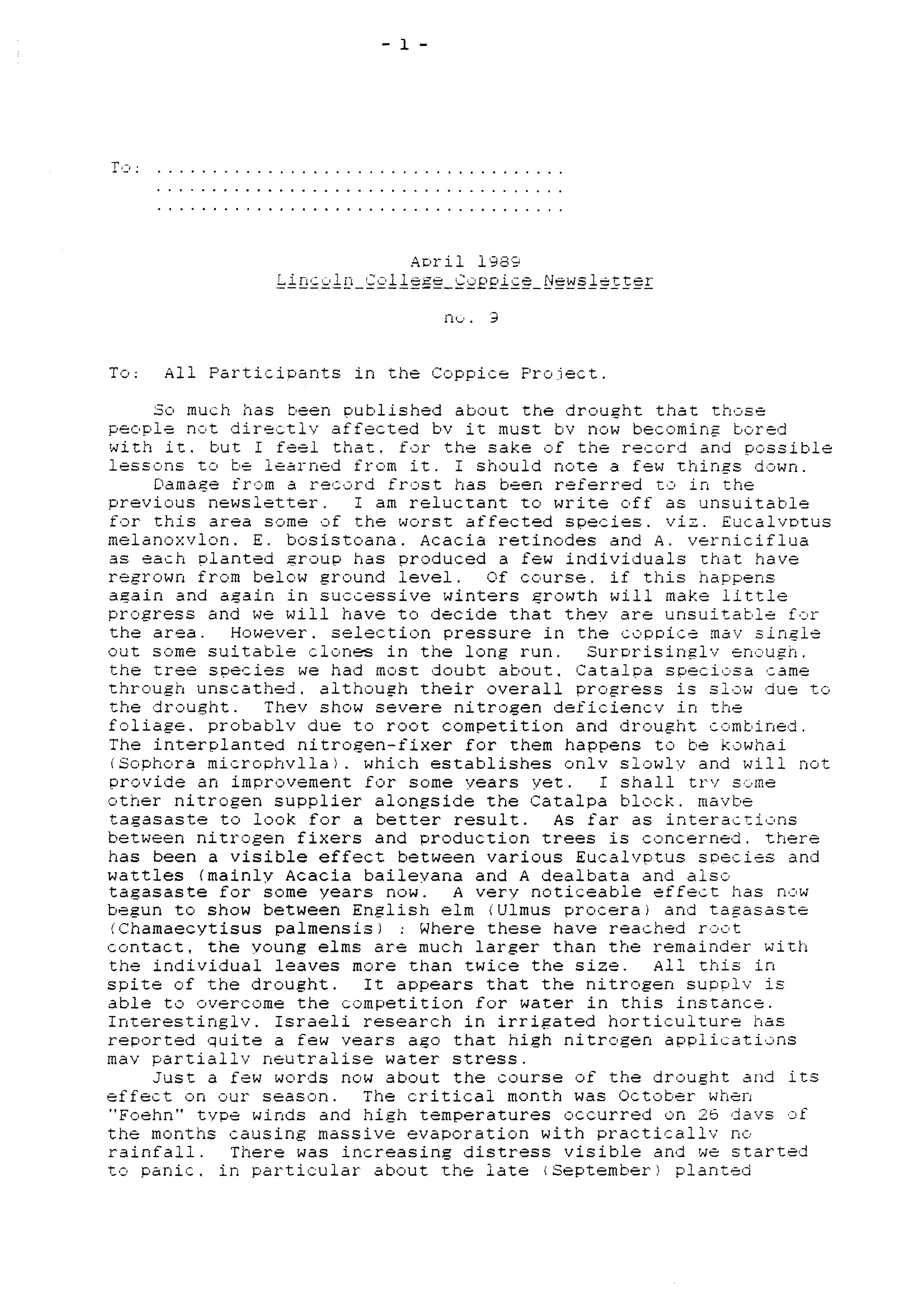 Lincoln College Brandenburg Coppice Newsletter No. 9, April 1989